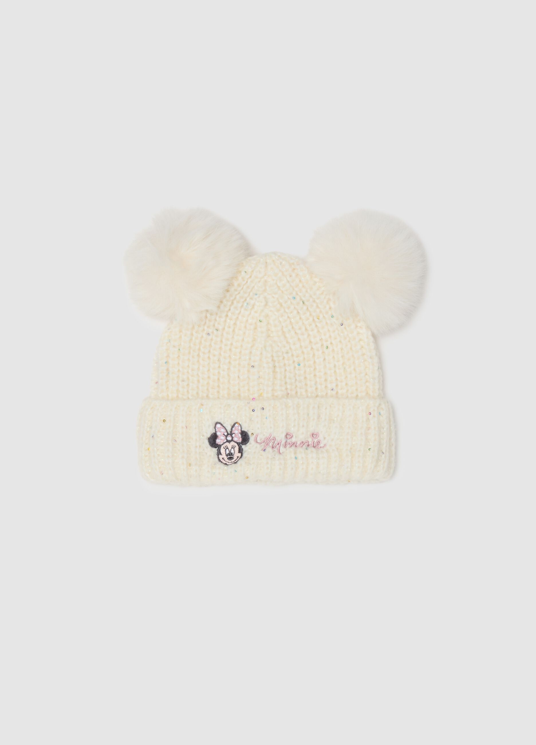 White wool blend girl's hat with pompom