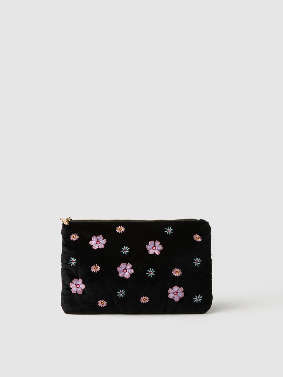 Black shoulder bag with floral embroidery and zip_0