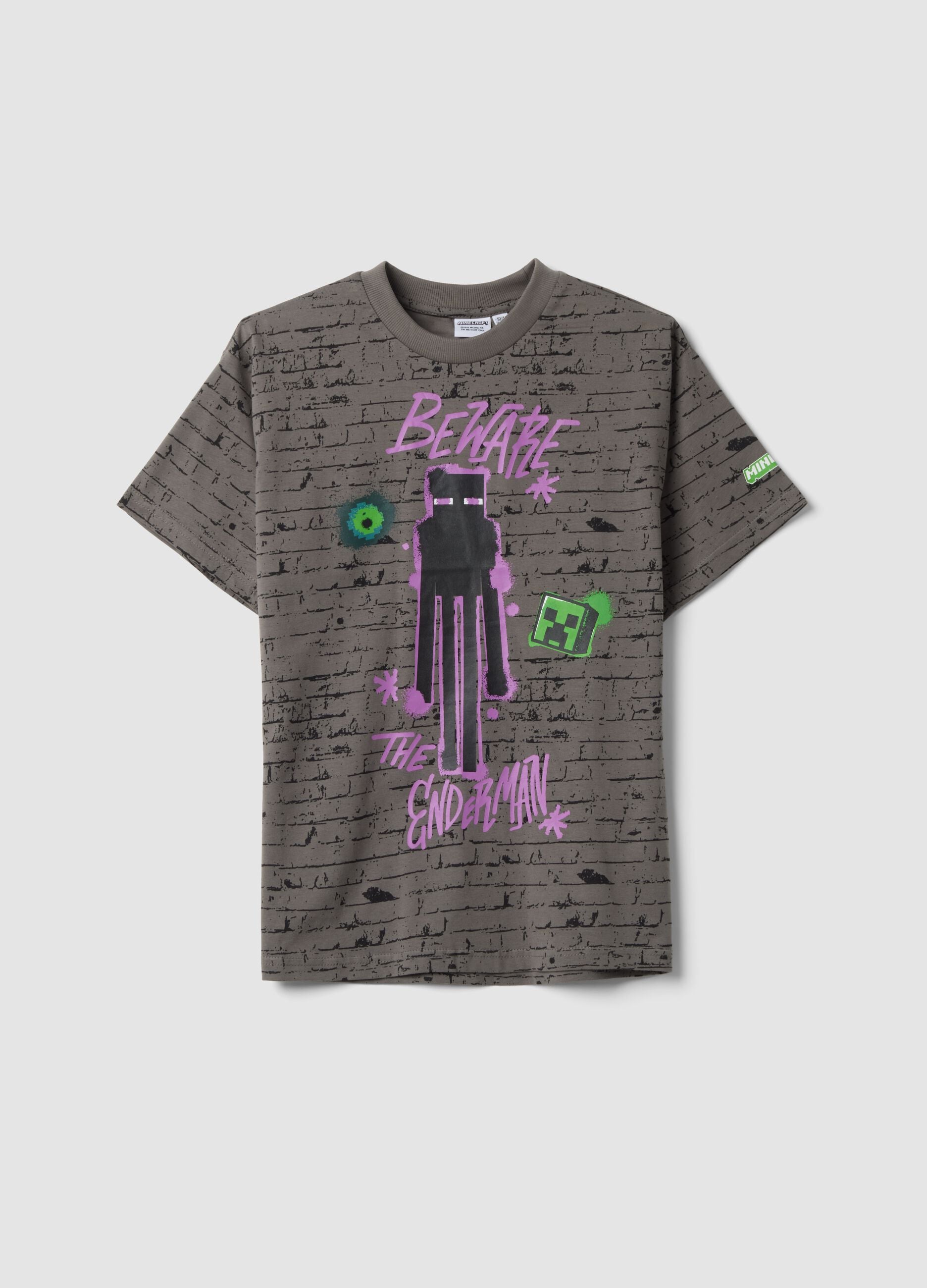 Grey pure cotton crew-neck Minecraft print T-shirt