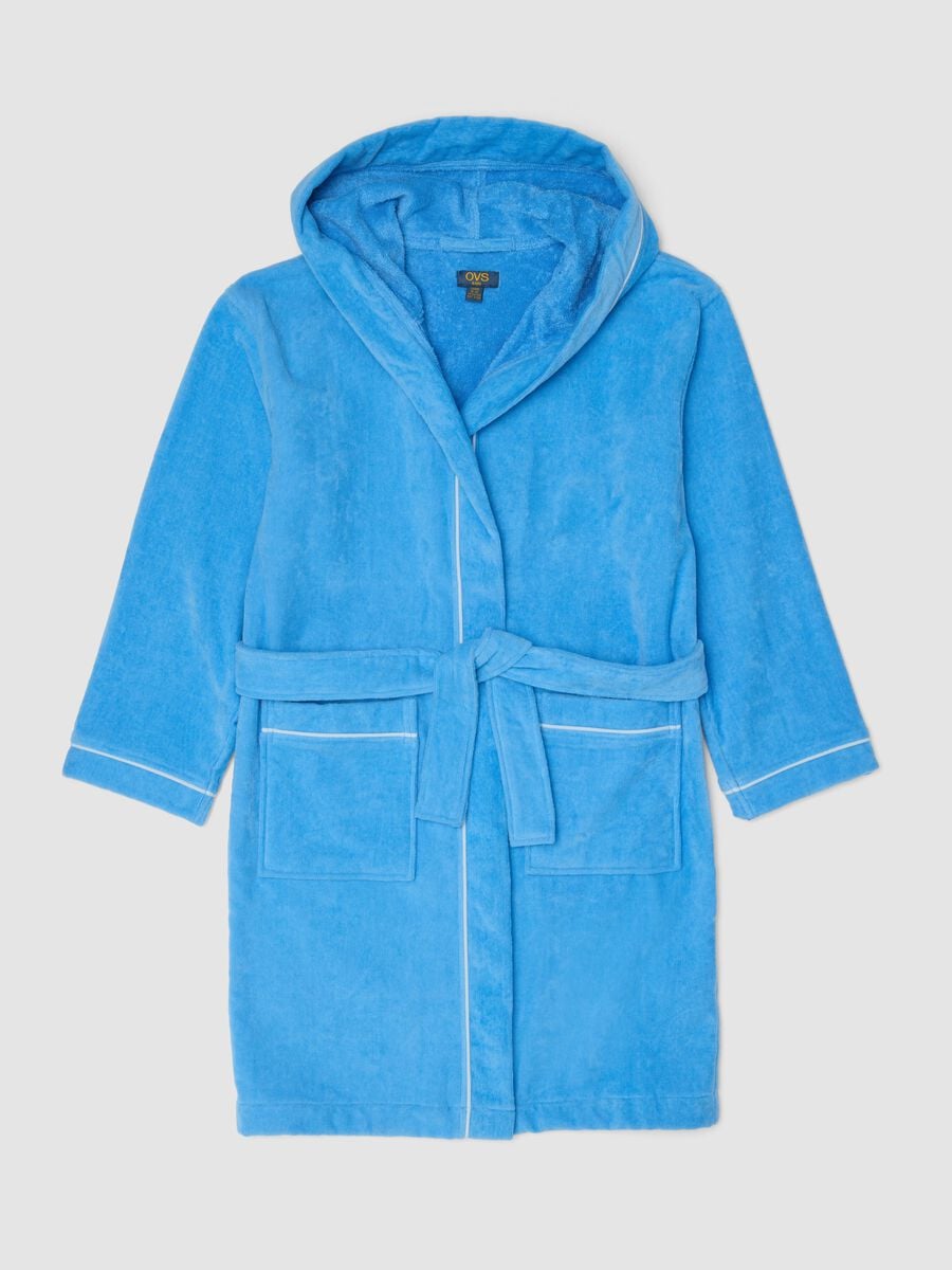 Accappatoio blu in puro cotone organico con cappuccio per bambino e ragazzo_0