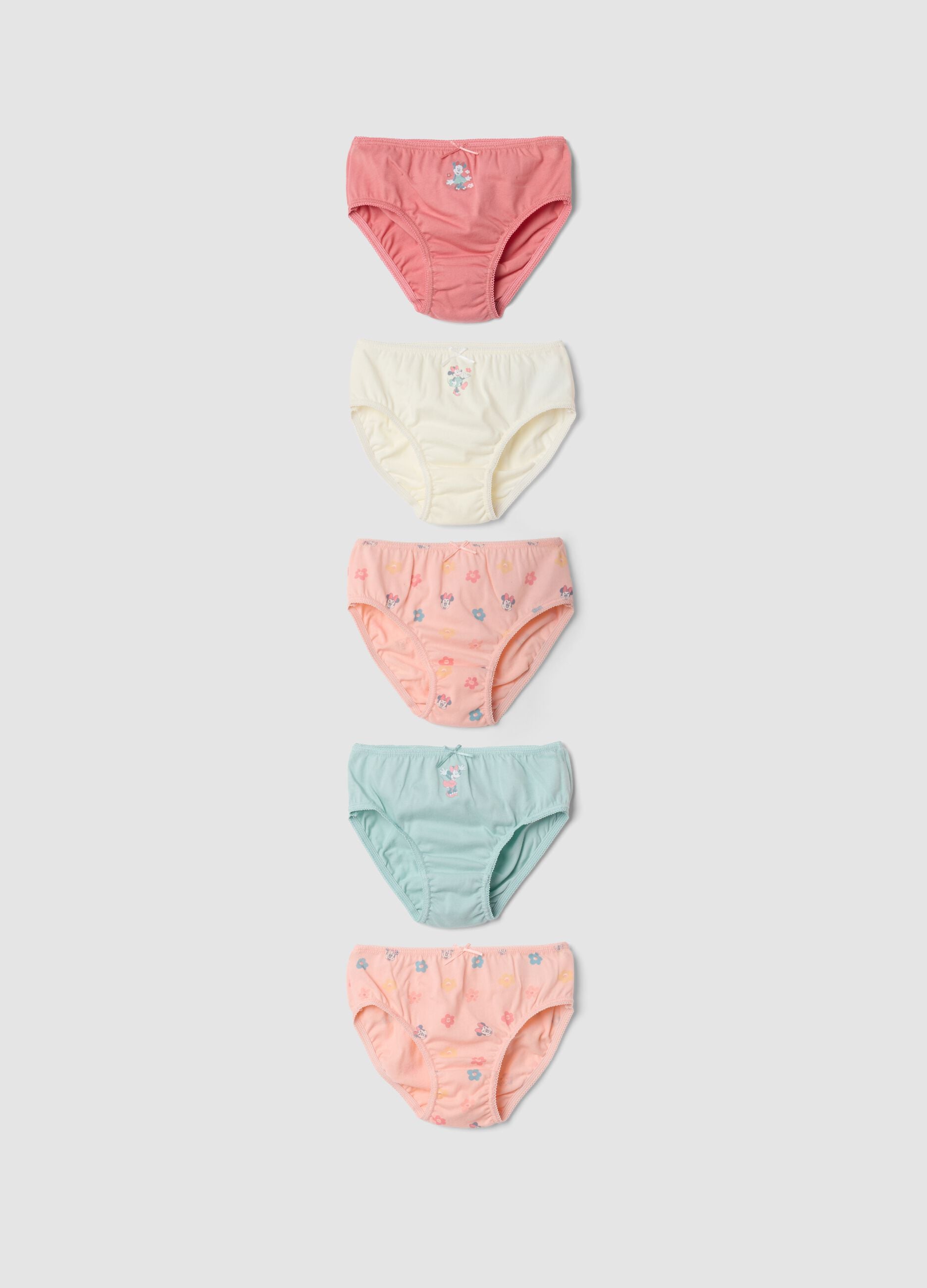 Pack of five Minnie print briefs in pure organic cotton
