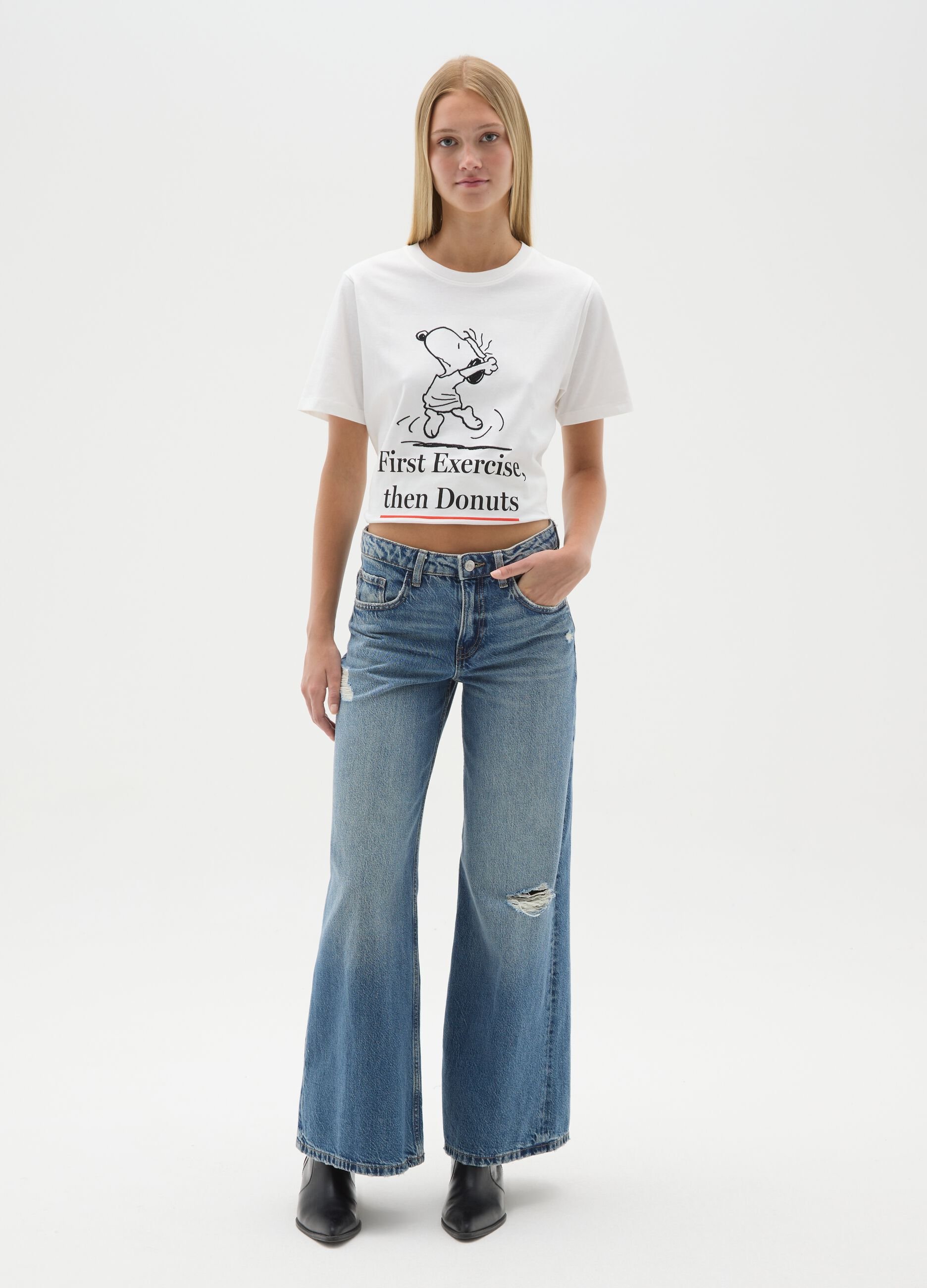 Women's pure cotton white T-shirt relaxed fit with Snoopy print