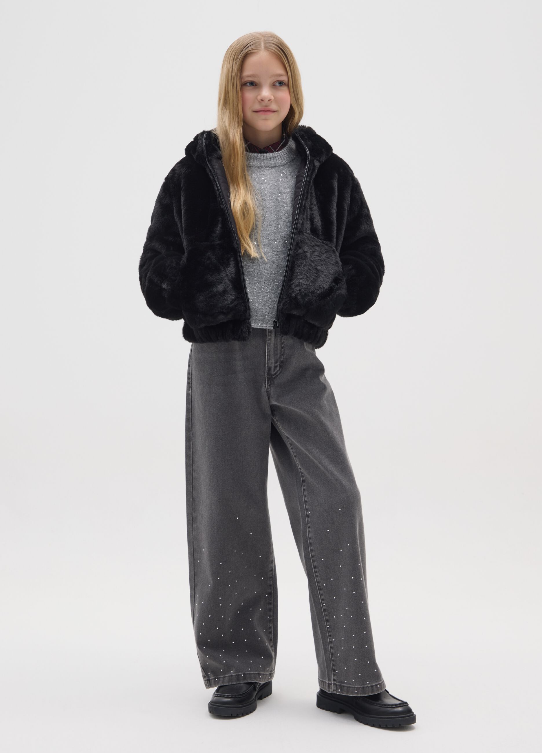 Girls' grey wide leg jeans in pure cotton