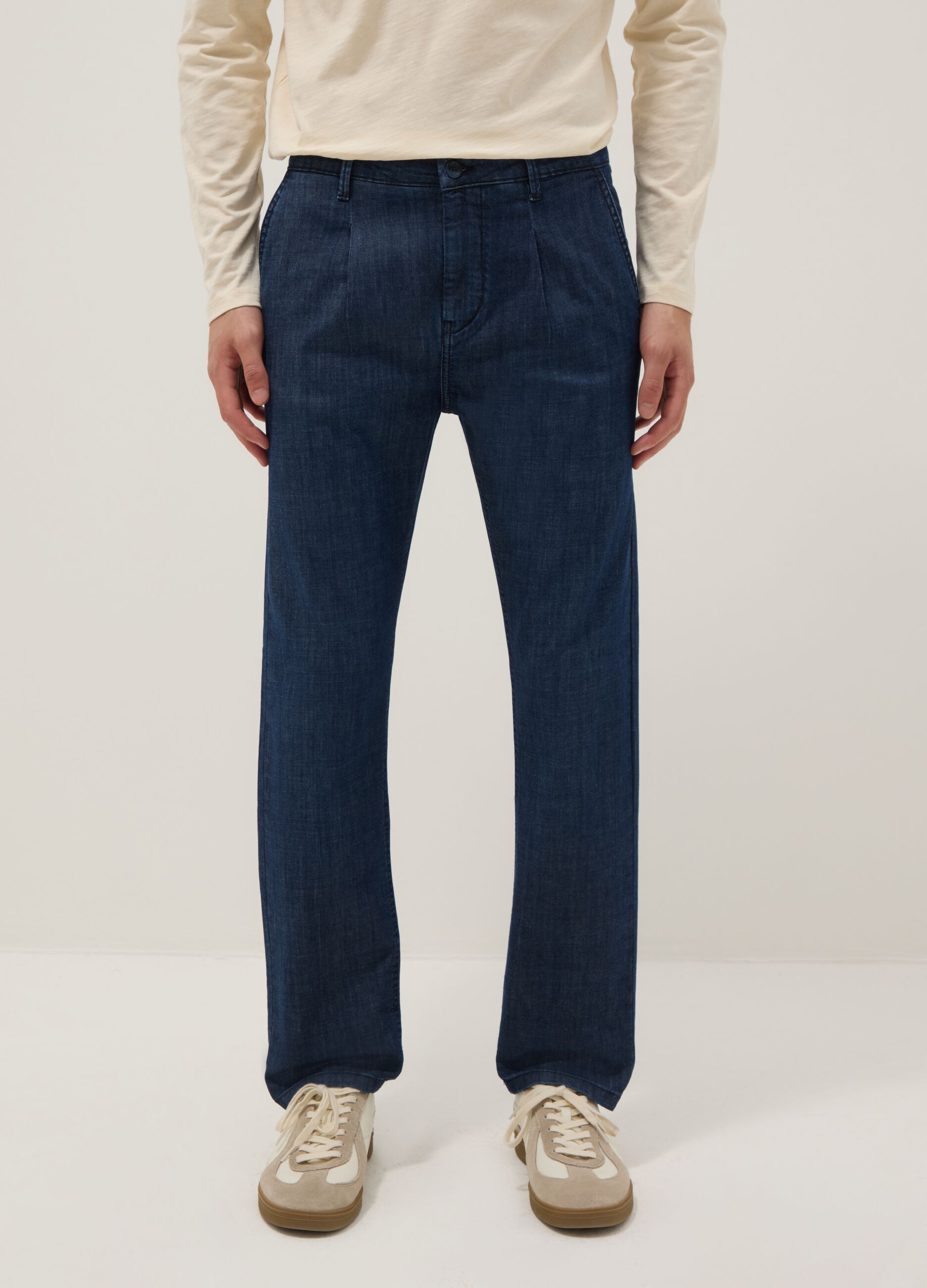 Blue denim chino trousers in stretch cotton, comfort fit