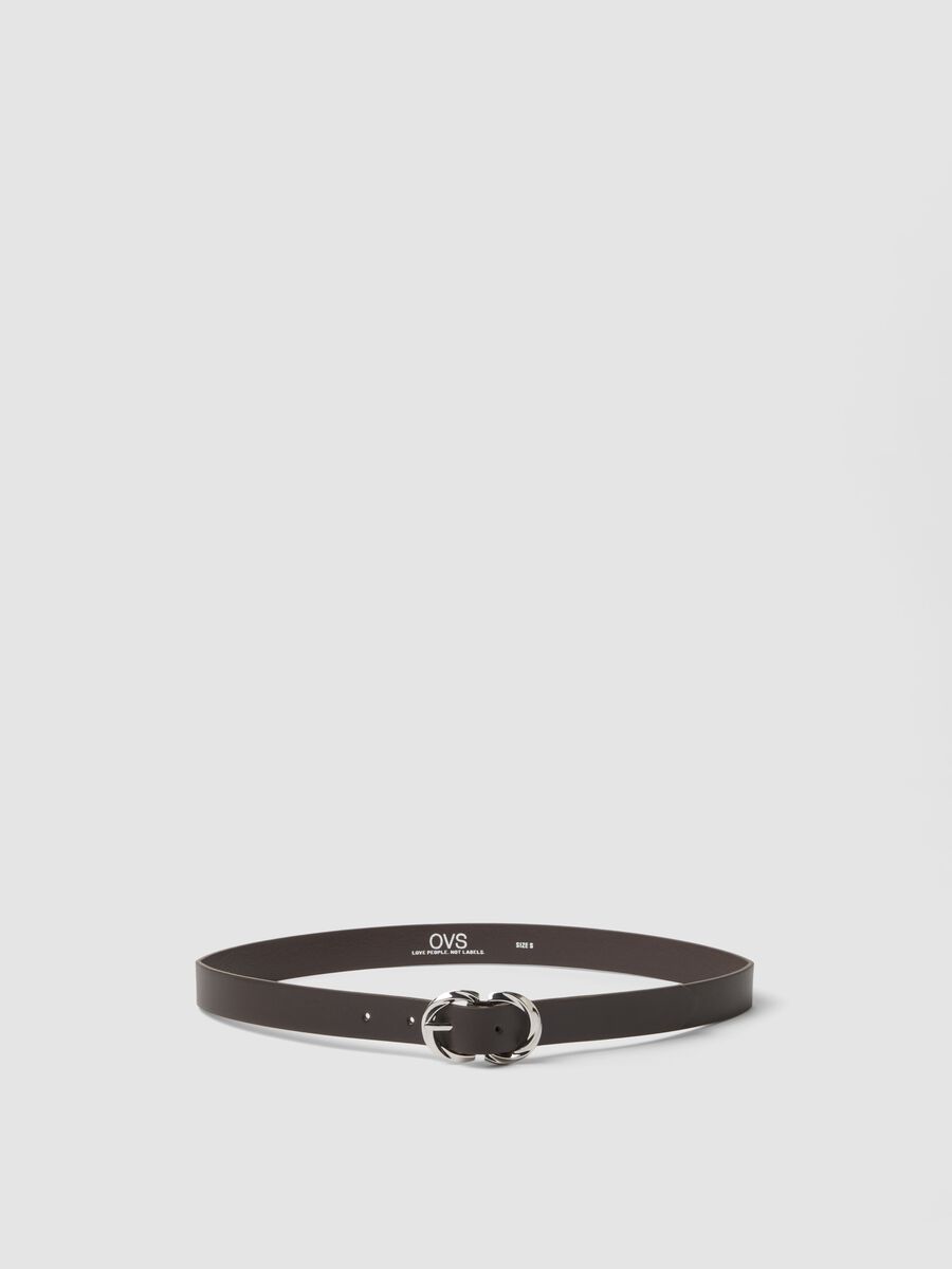 Slim brown belt with braided metal buckle_0