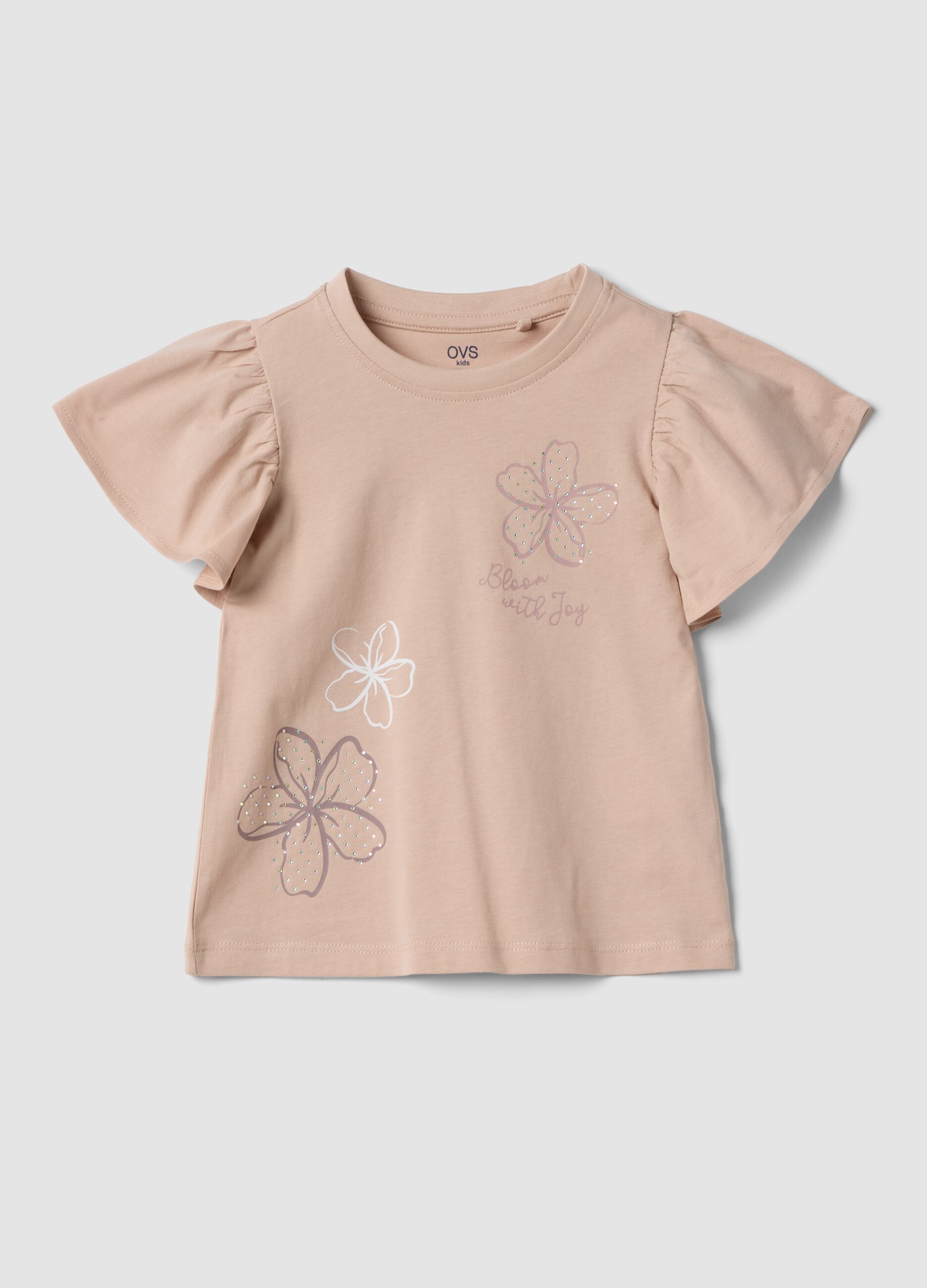 Girls&rsquo; beige pure cotton T-shirt with ruffles and rhinestones