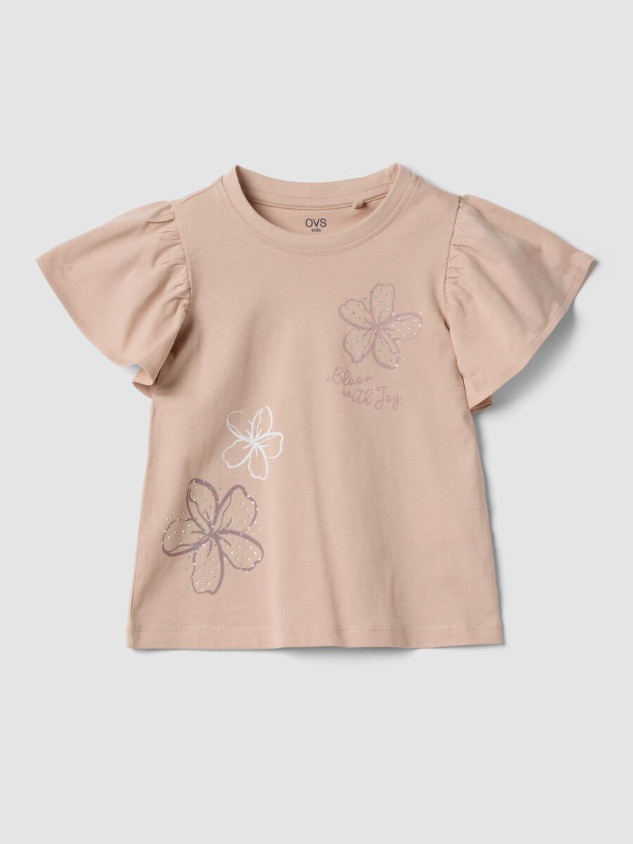 T-shirt in puro cotone beige da bambina con volant e strass_0