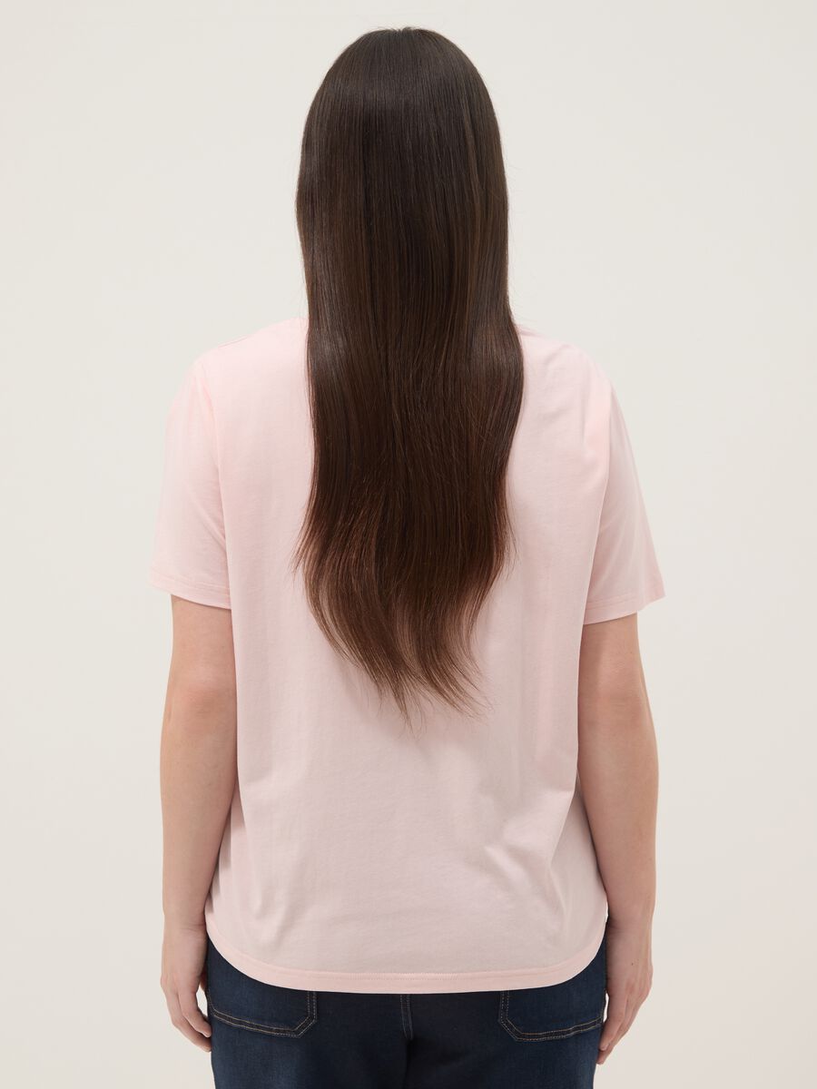 Pink pure cotton T-shirt with embroidered neckline_3