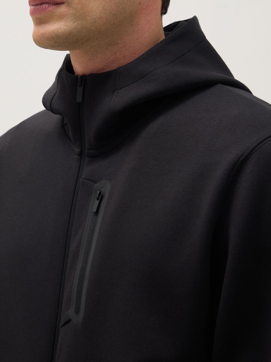 Black regular fit hoodie with front zip collar_3