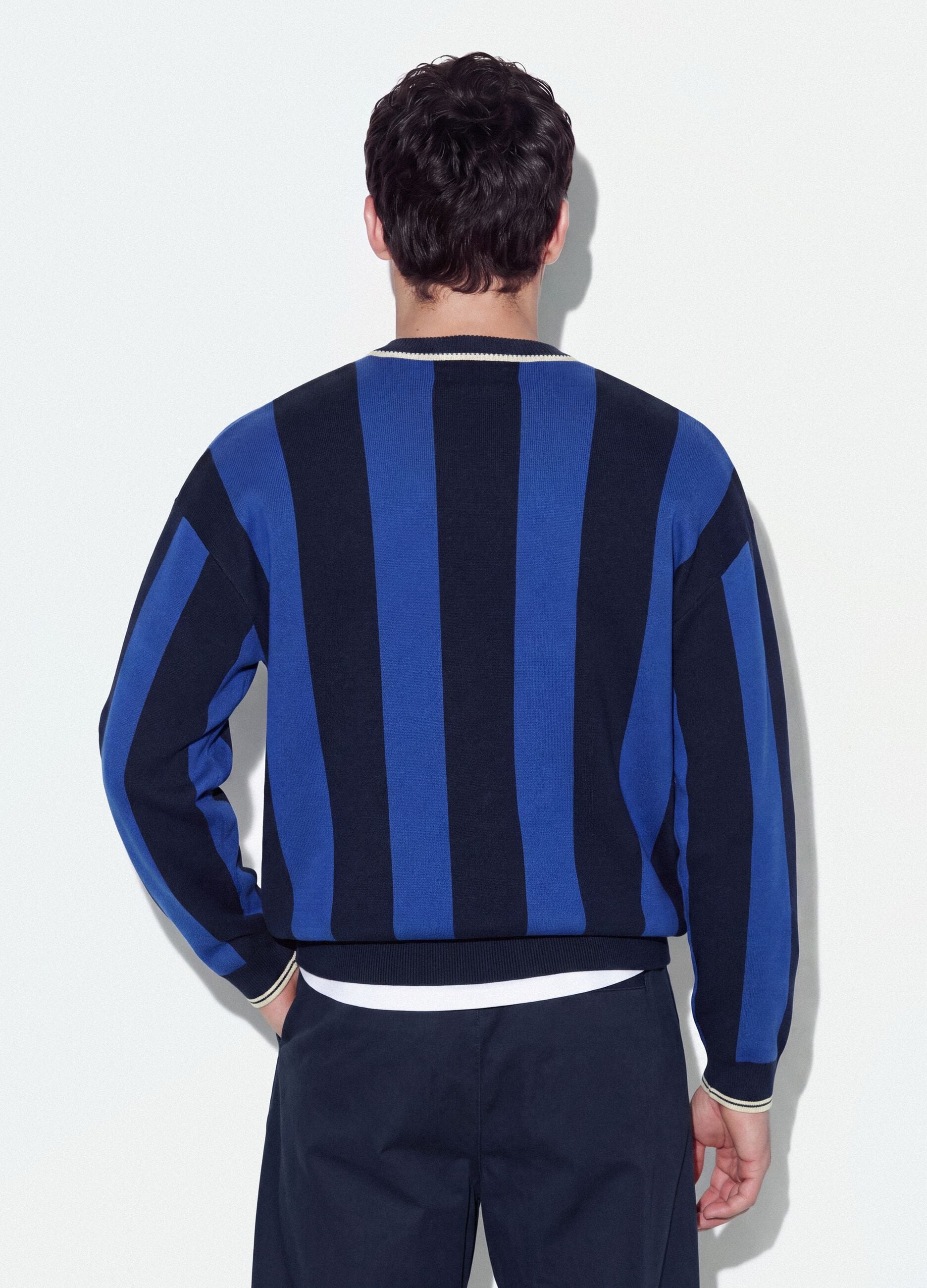 Blue and Black Pure Cotton Polo-Collar Knit Top, Oversized Fit