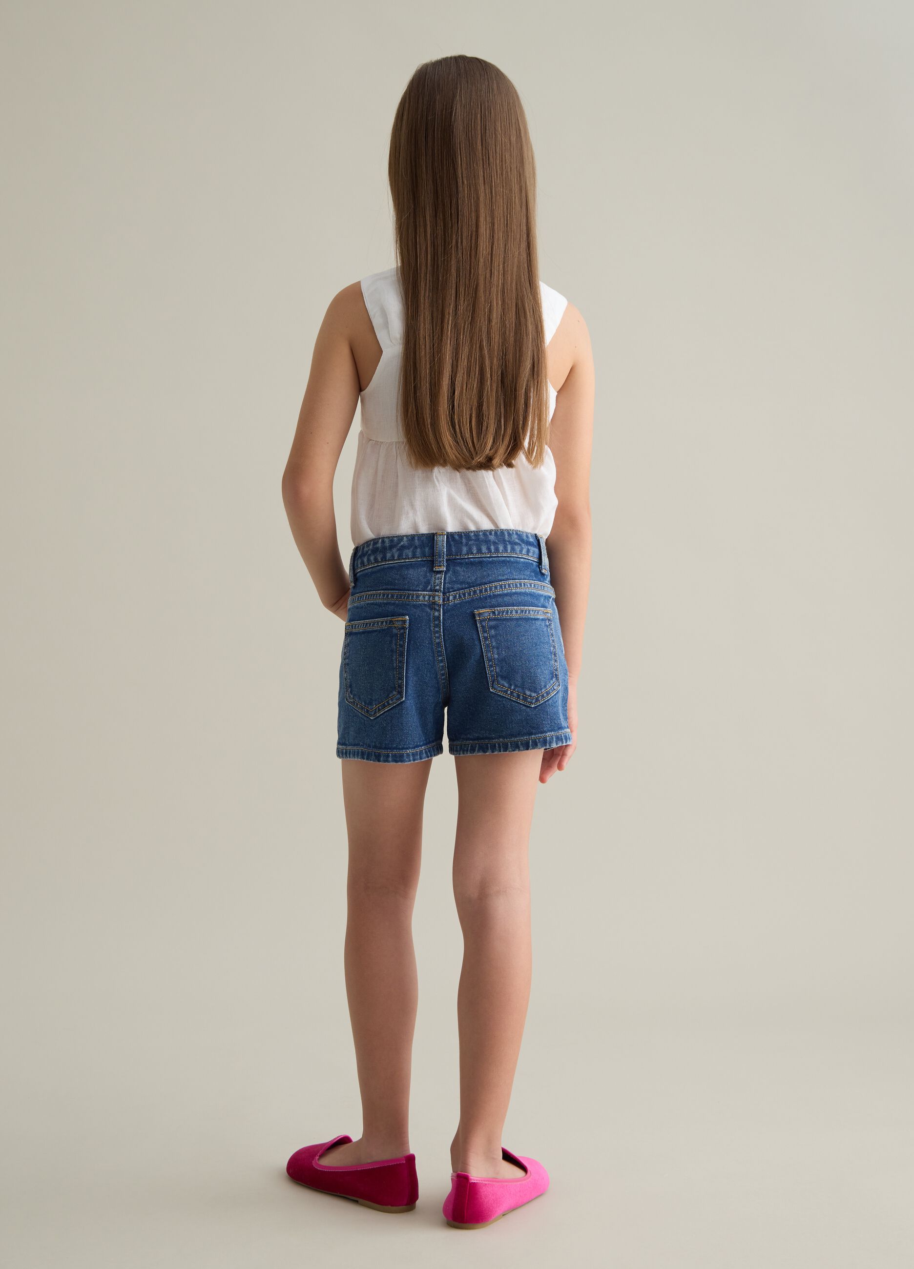 Blue Denim Shorts with Floral Embroidery Piombo Kids