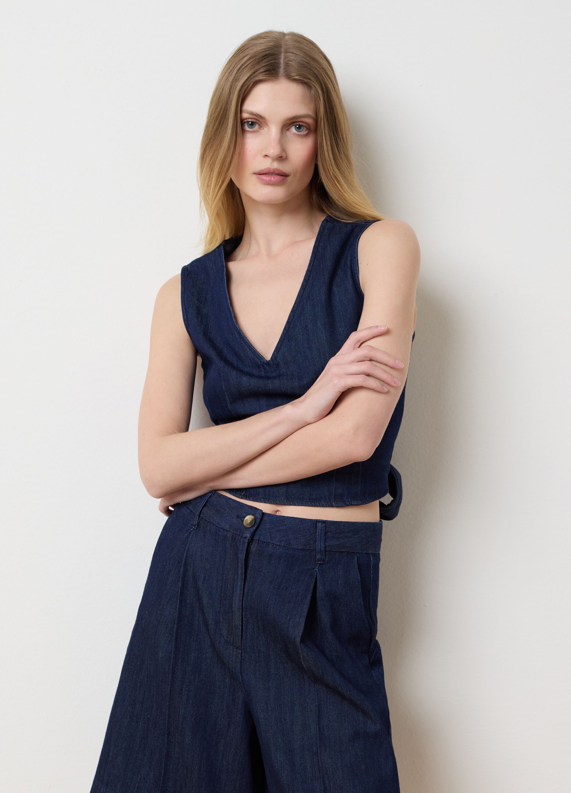 Top da donna in puro cotone denim