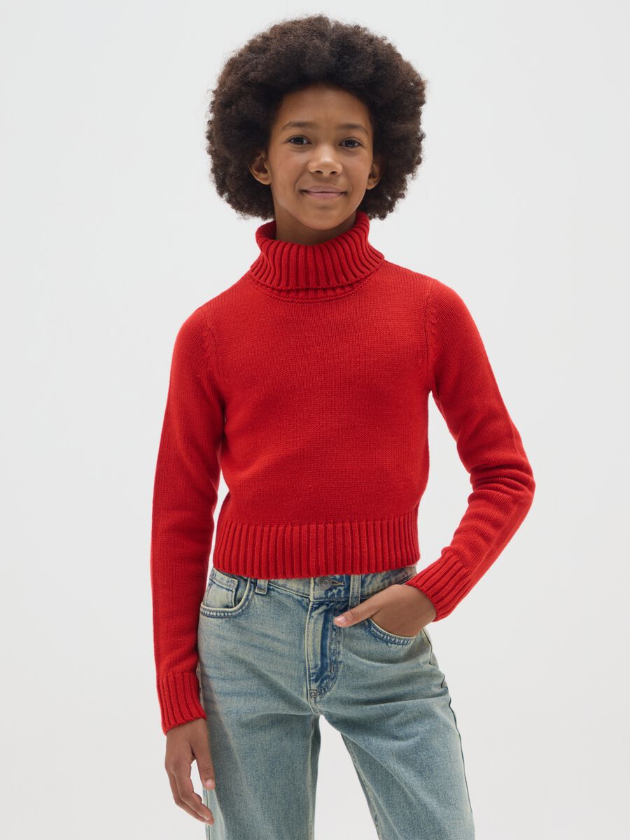 Girls' Regular Fit Red Turtleneck Sweater_0