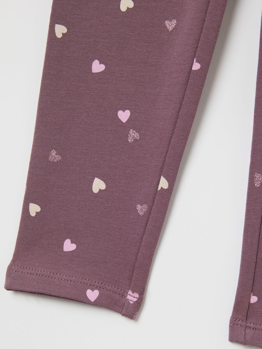 Purple Stretch Cotton Leggings with Heart Prints_3