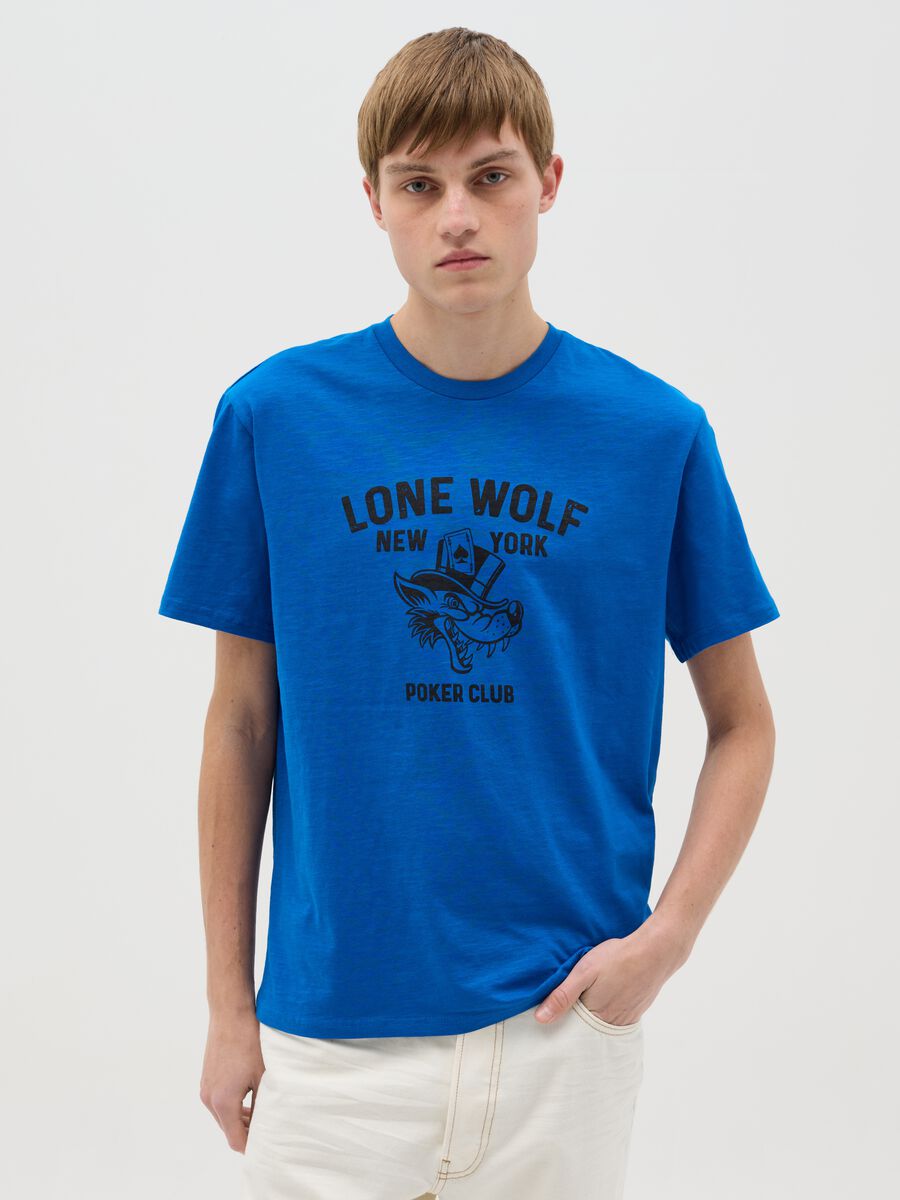 Cotton T-shirt with poker motif wolf print_0