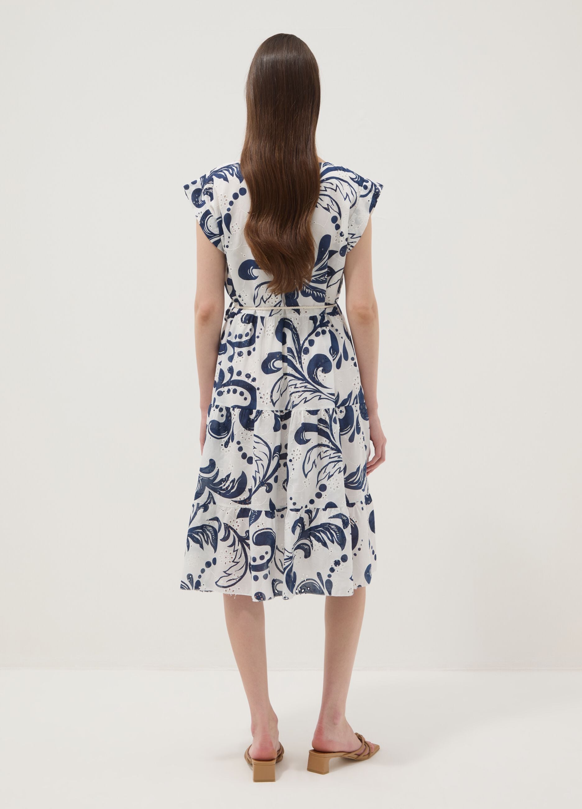 Blue and white pure cotton dress with all-over print and rope belt