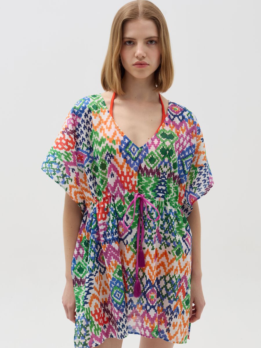 Beach cover-up poncho with ikat print_0
