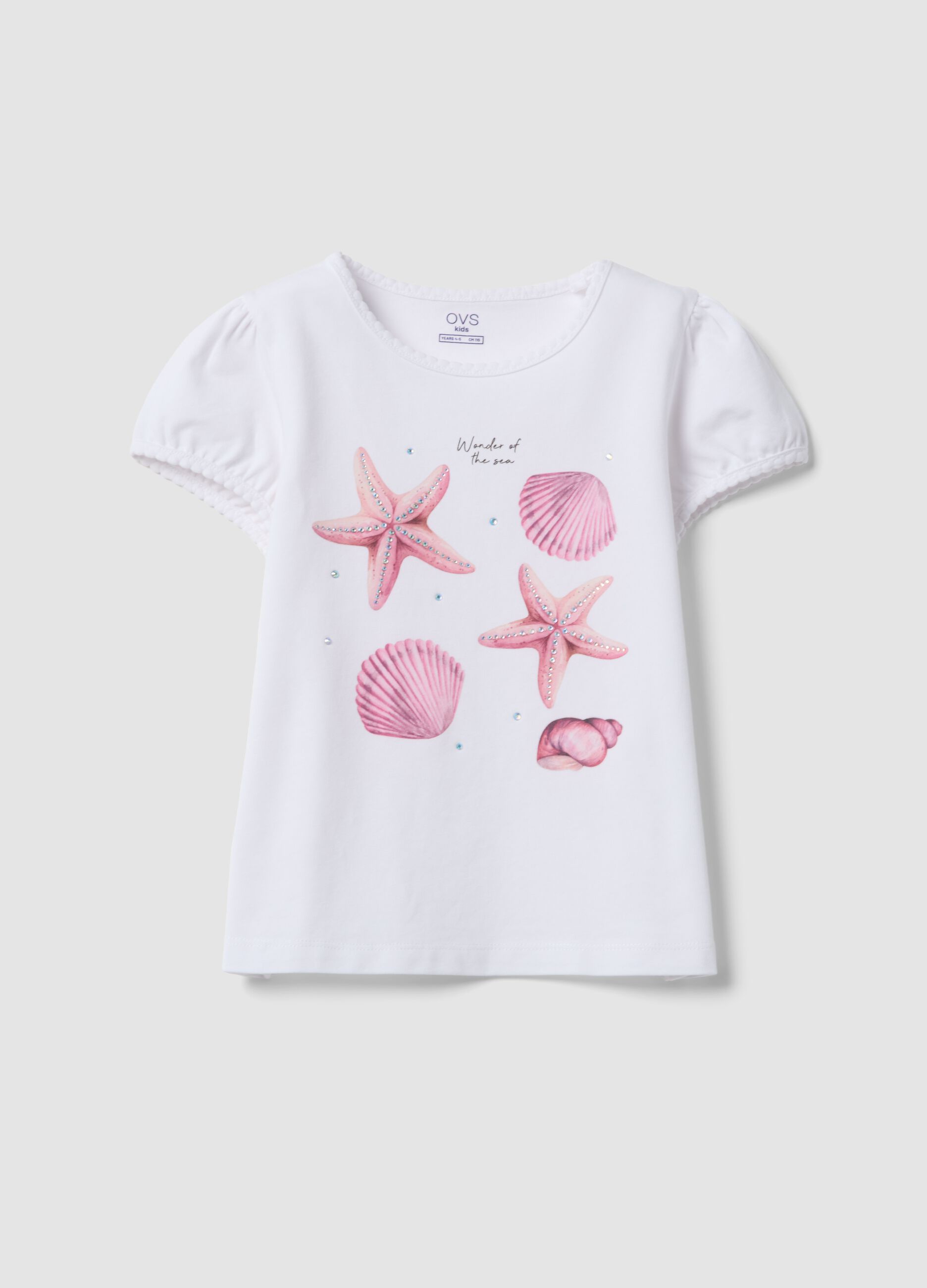 White stretch cotton T-shirt with seaside print