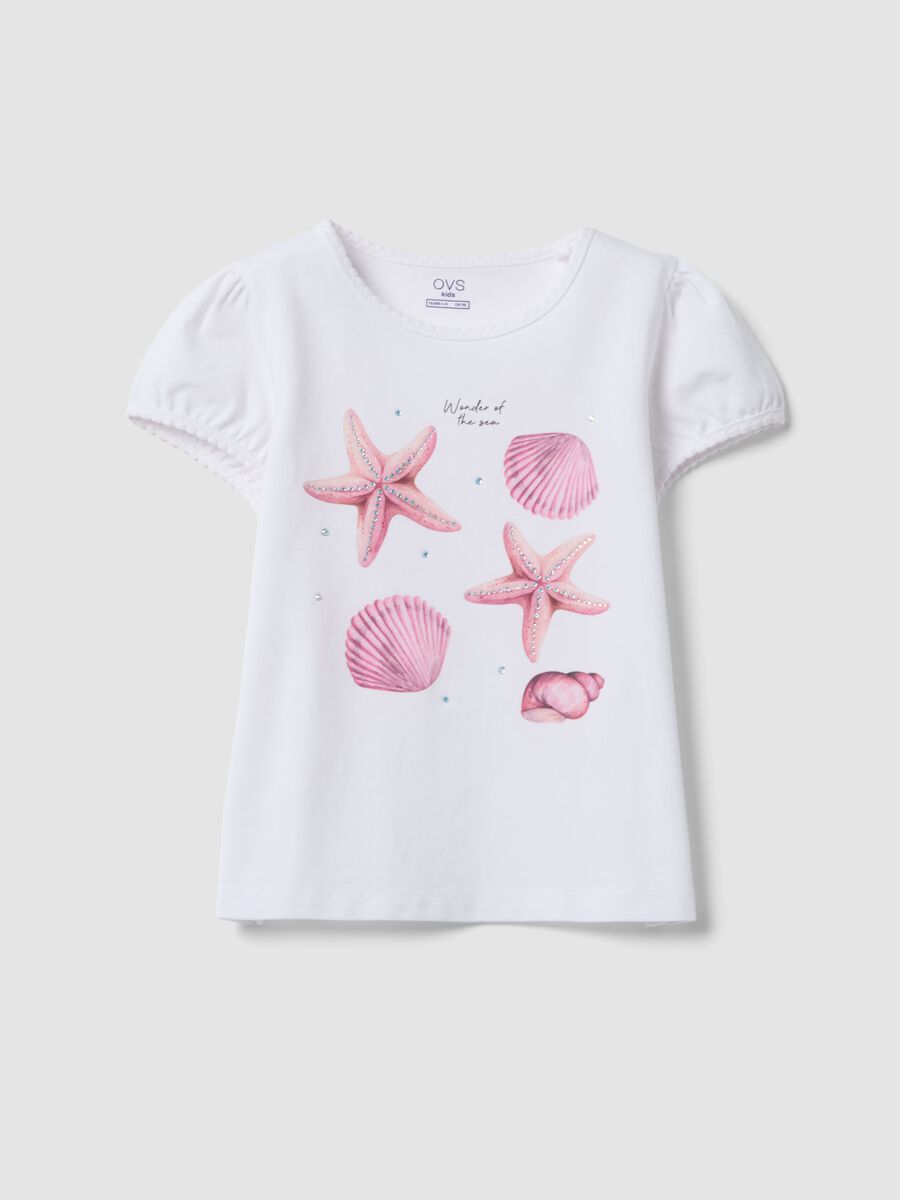 T-shirt bianca in cotone elasticizzato con stampa marina regular fit_0