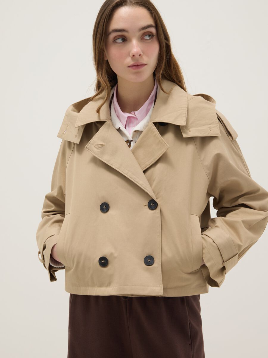 Beige cotton blend regular fit jacket with hood_3