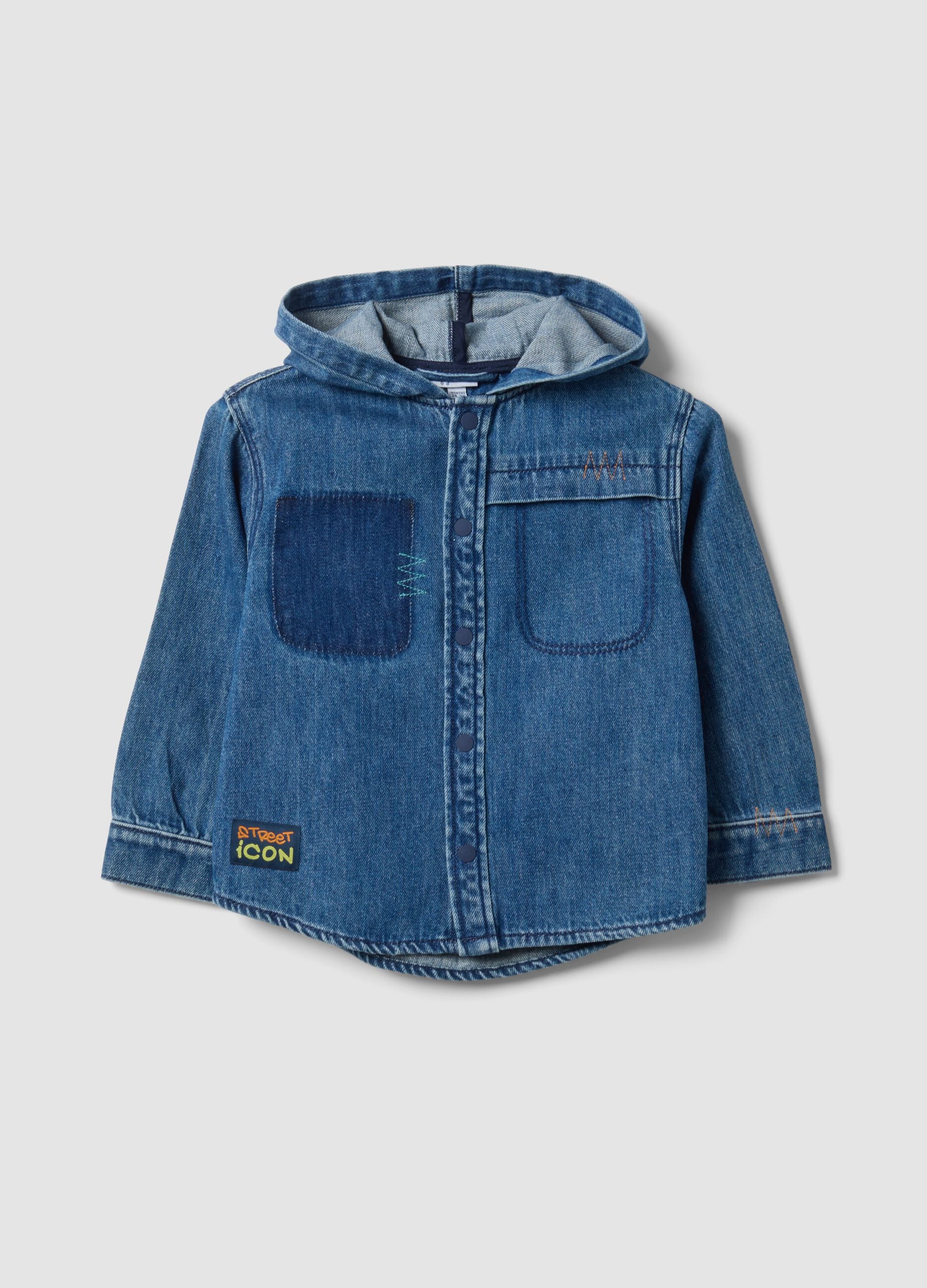 Blue denim shacket with hood in cotton and viscose blend for boys