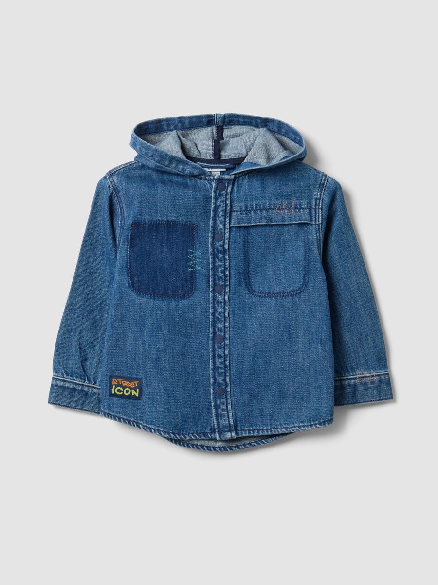 Blue denim shacket with hood in cotton and viscose blend for boys_0