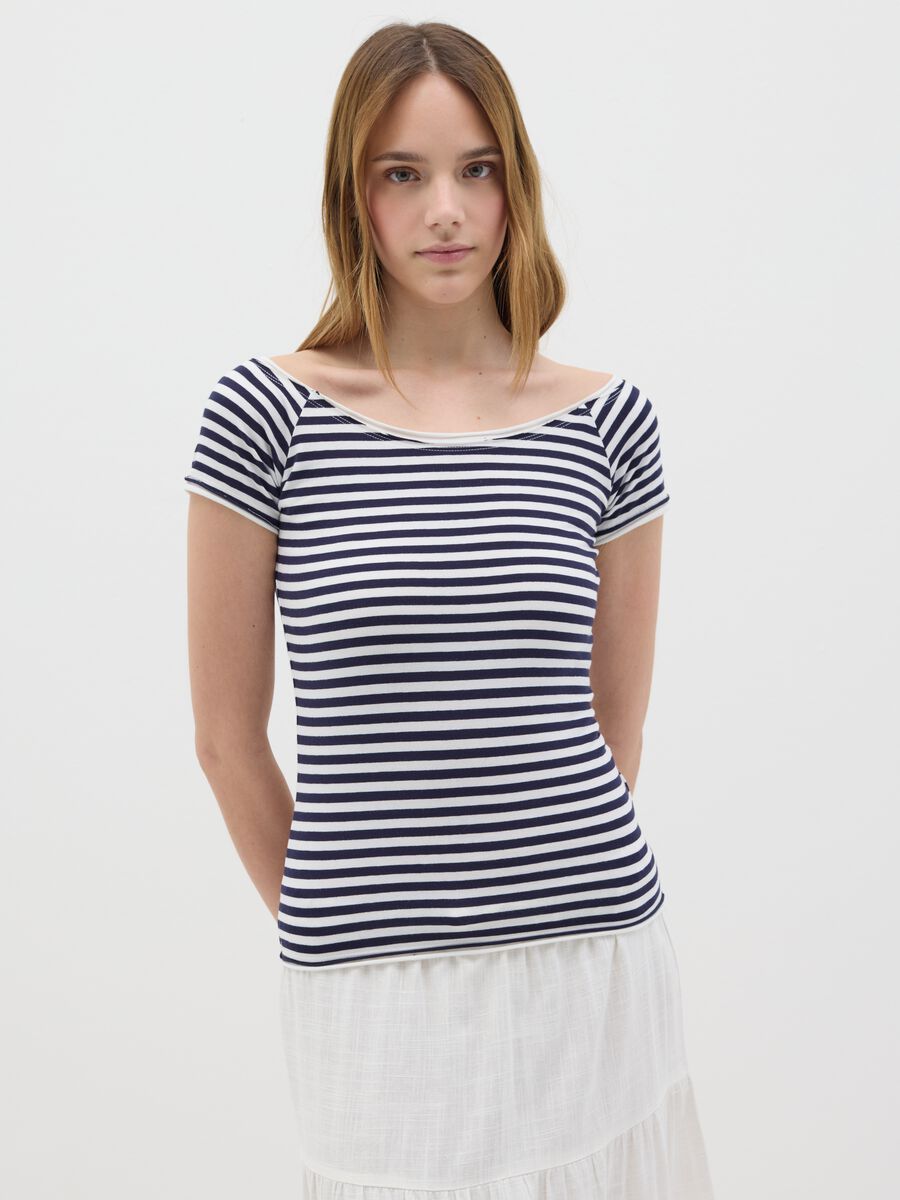Blue and white striped stretch cotton T-shirt_0