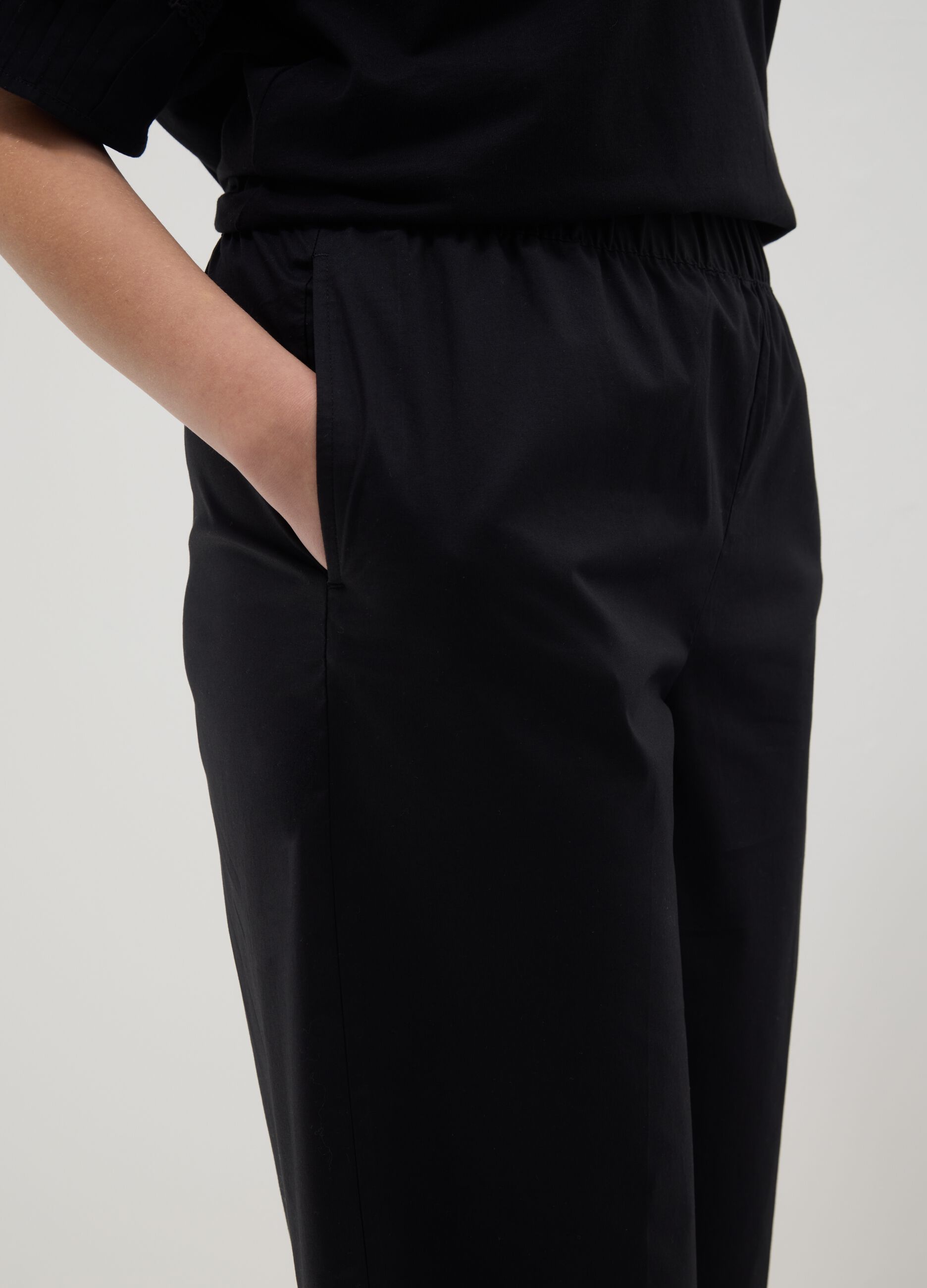 Black stretch cotton wide-leg trousers