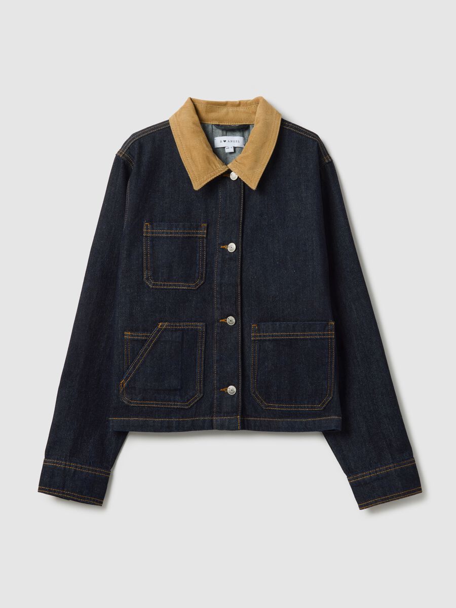 Pure cotton blue regular fit jacket with contrasting collar and pockets_4