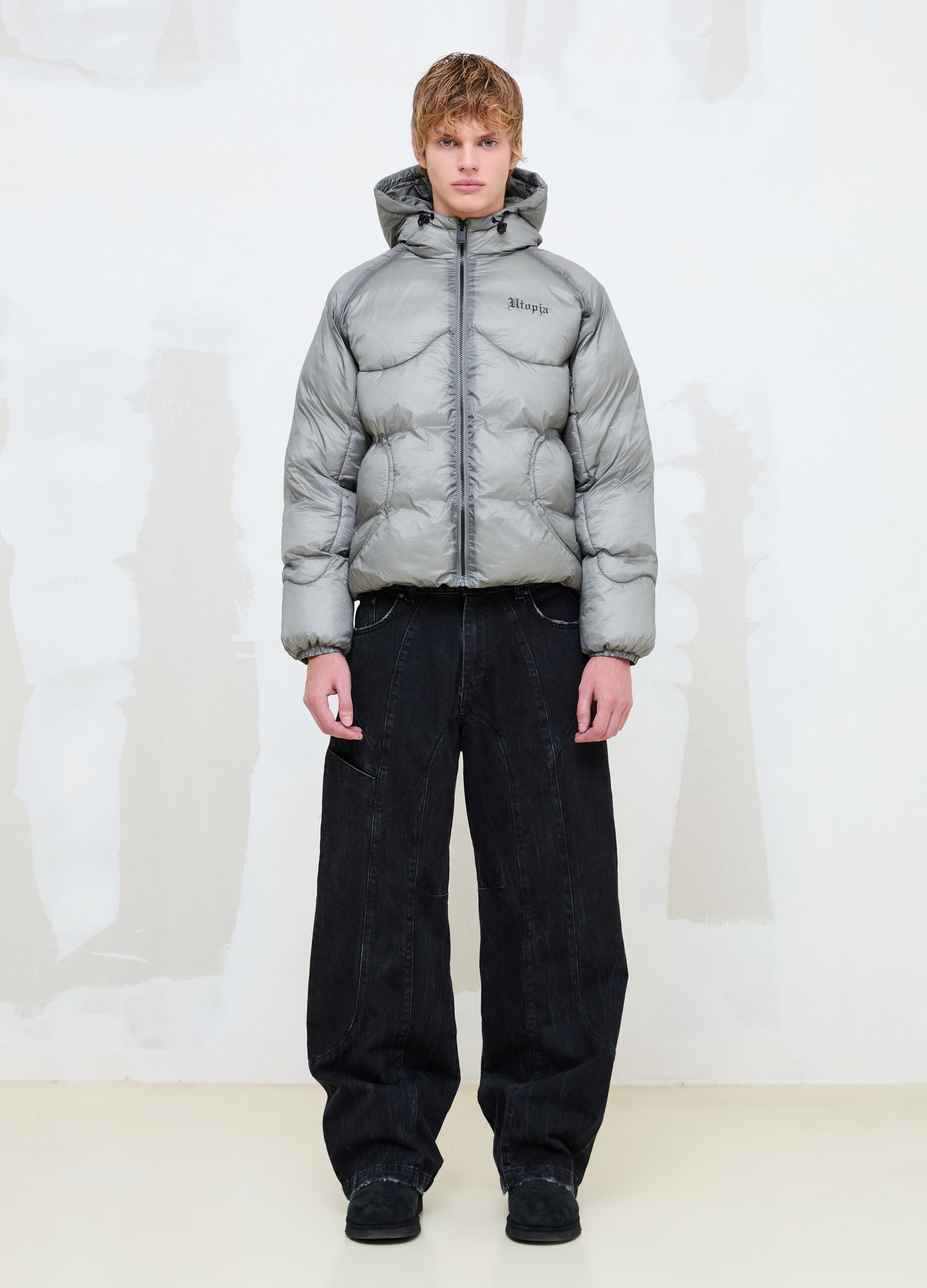 Nylon Ripstop Hooded Puffer Jacket in Grey