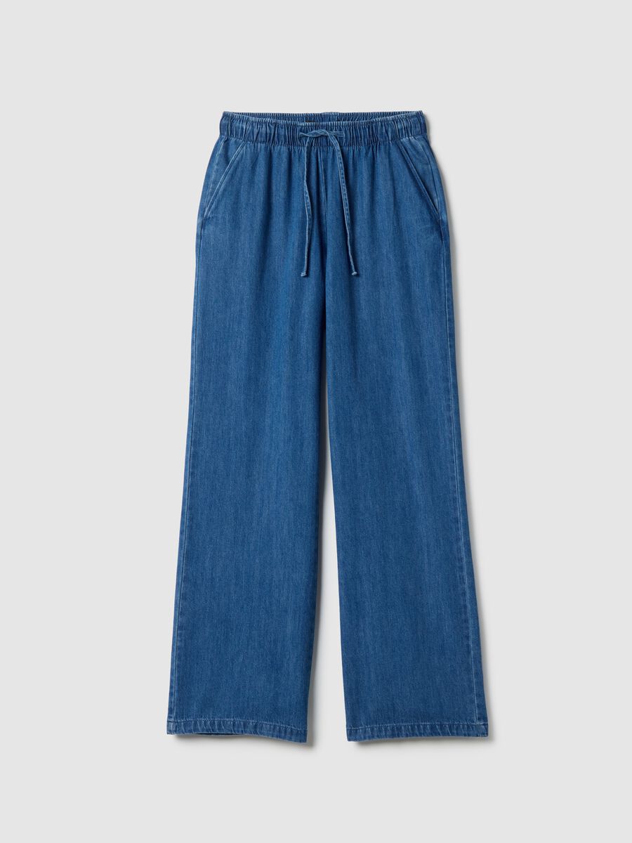 Wide leg blue denim pure cotton trousers with elastic waistband_4