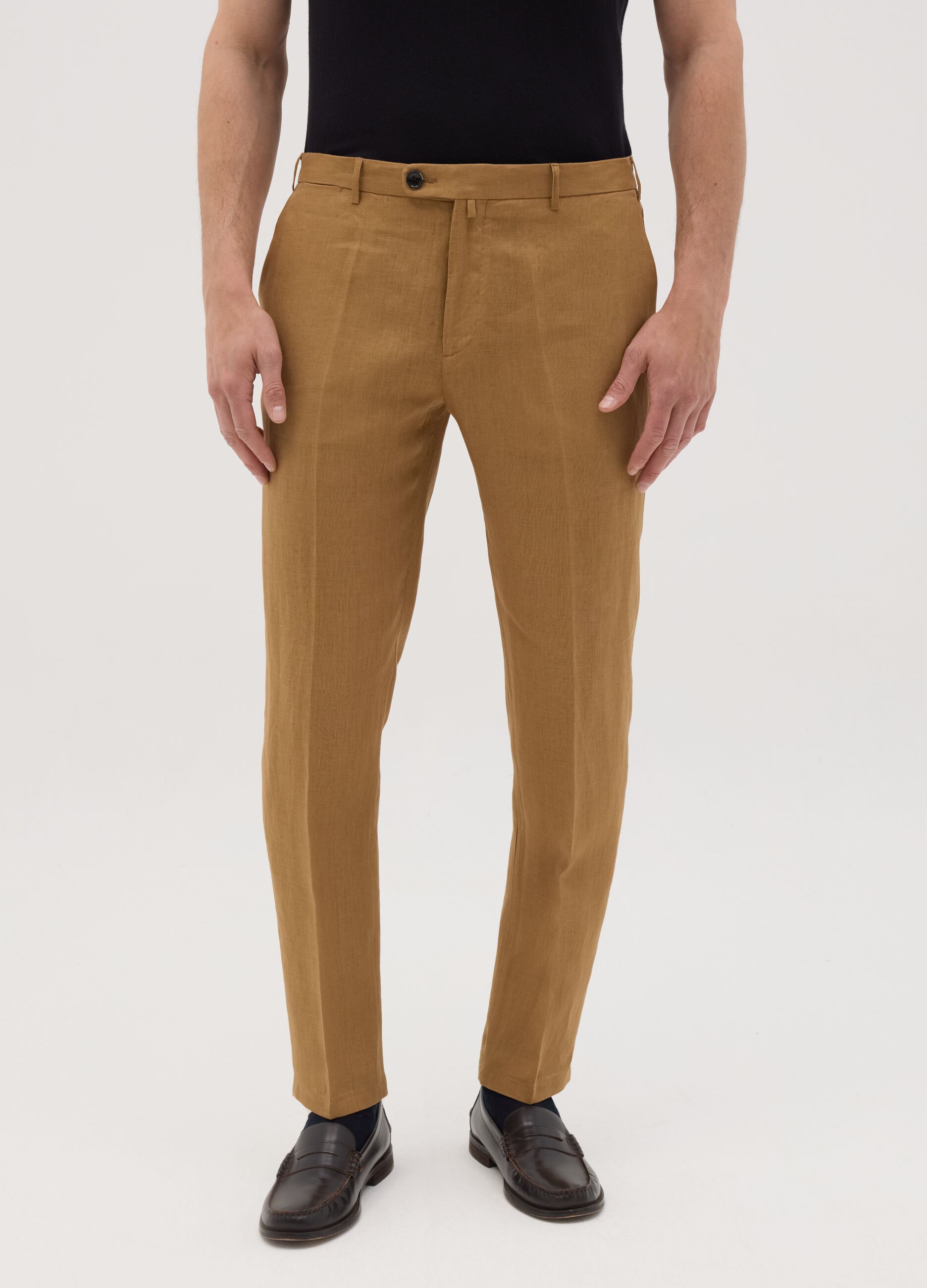 Pantaloni da uomo in puro lino marrone slim fit