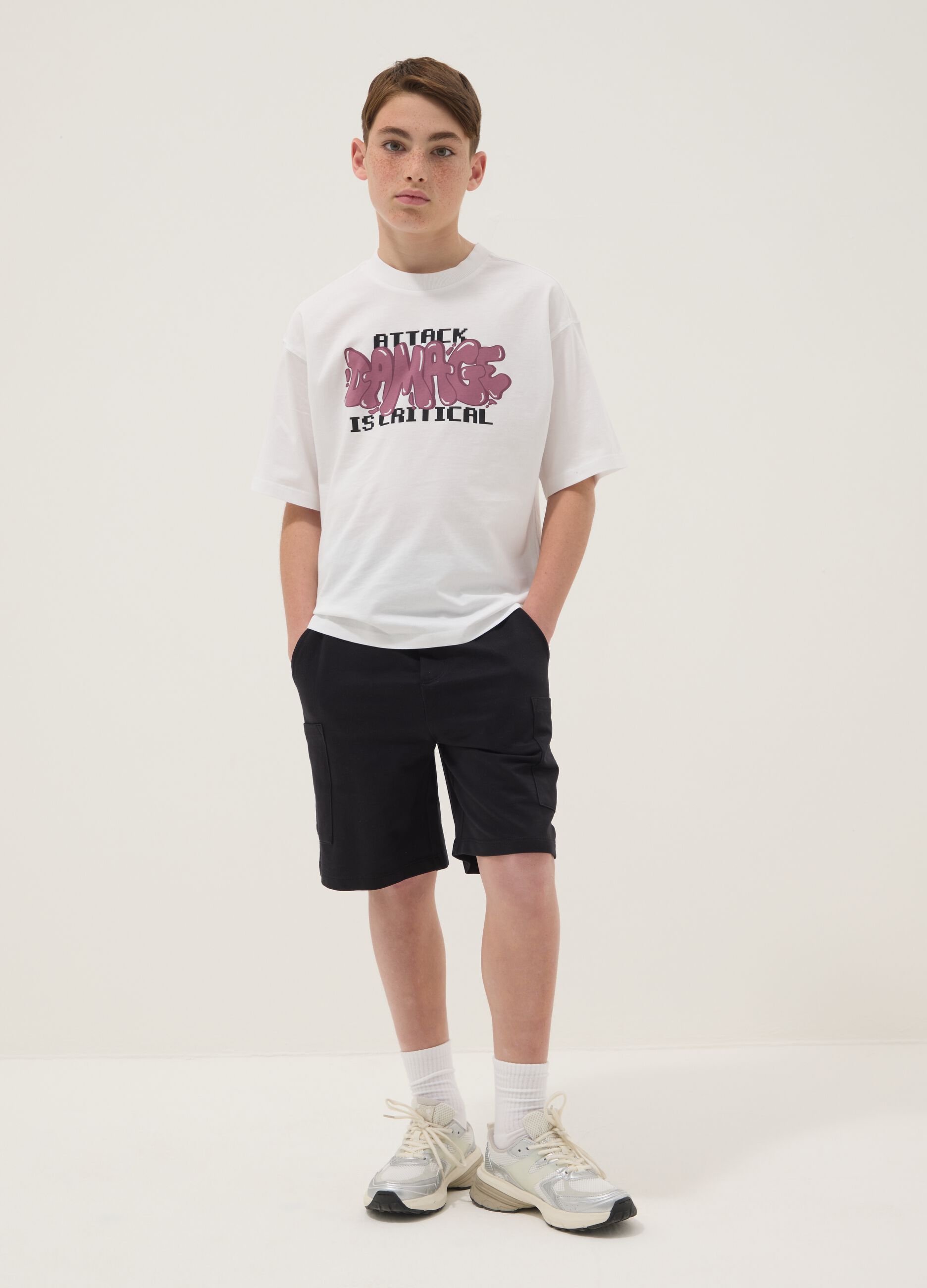Black and white pure cotton printed boys&rsquo; co-ord set, oversized fit