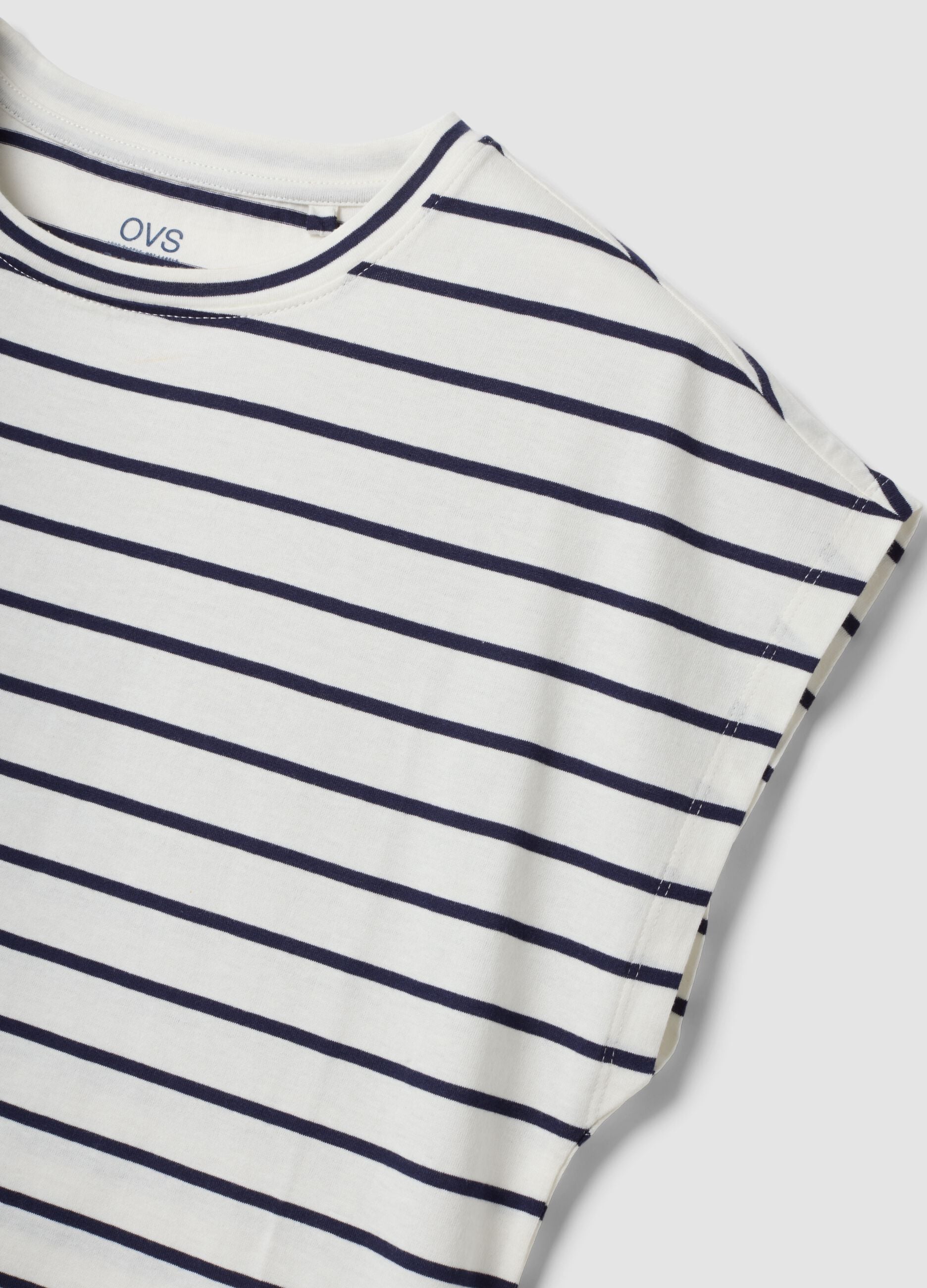 White pure cotton T-shirt with blue stripes, regular fit