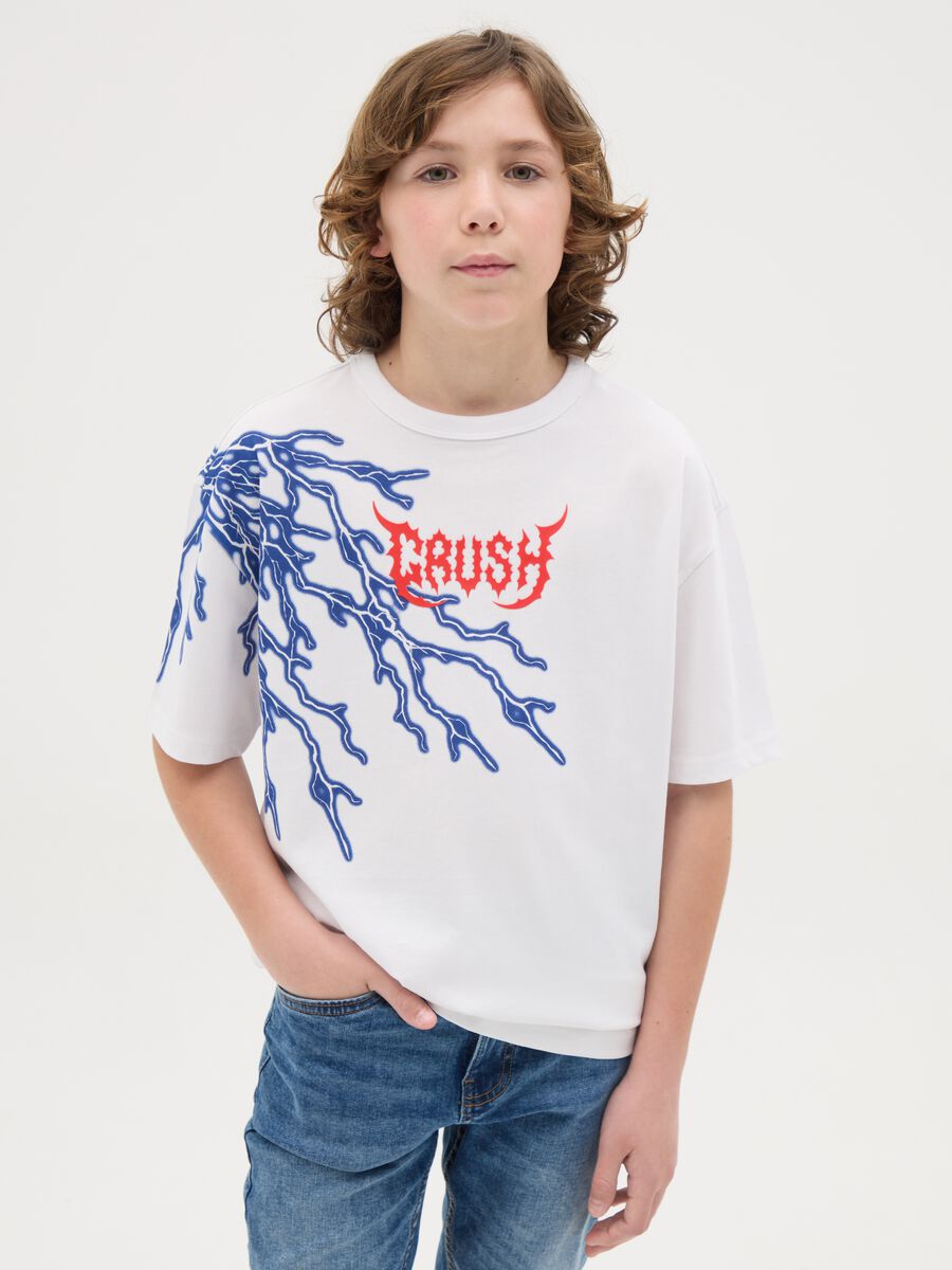 Cotton T-shirt with "Crush" lightning print_0