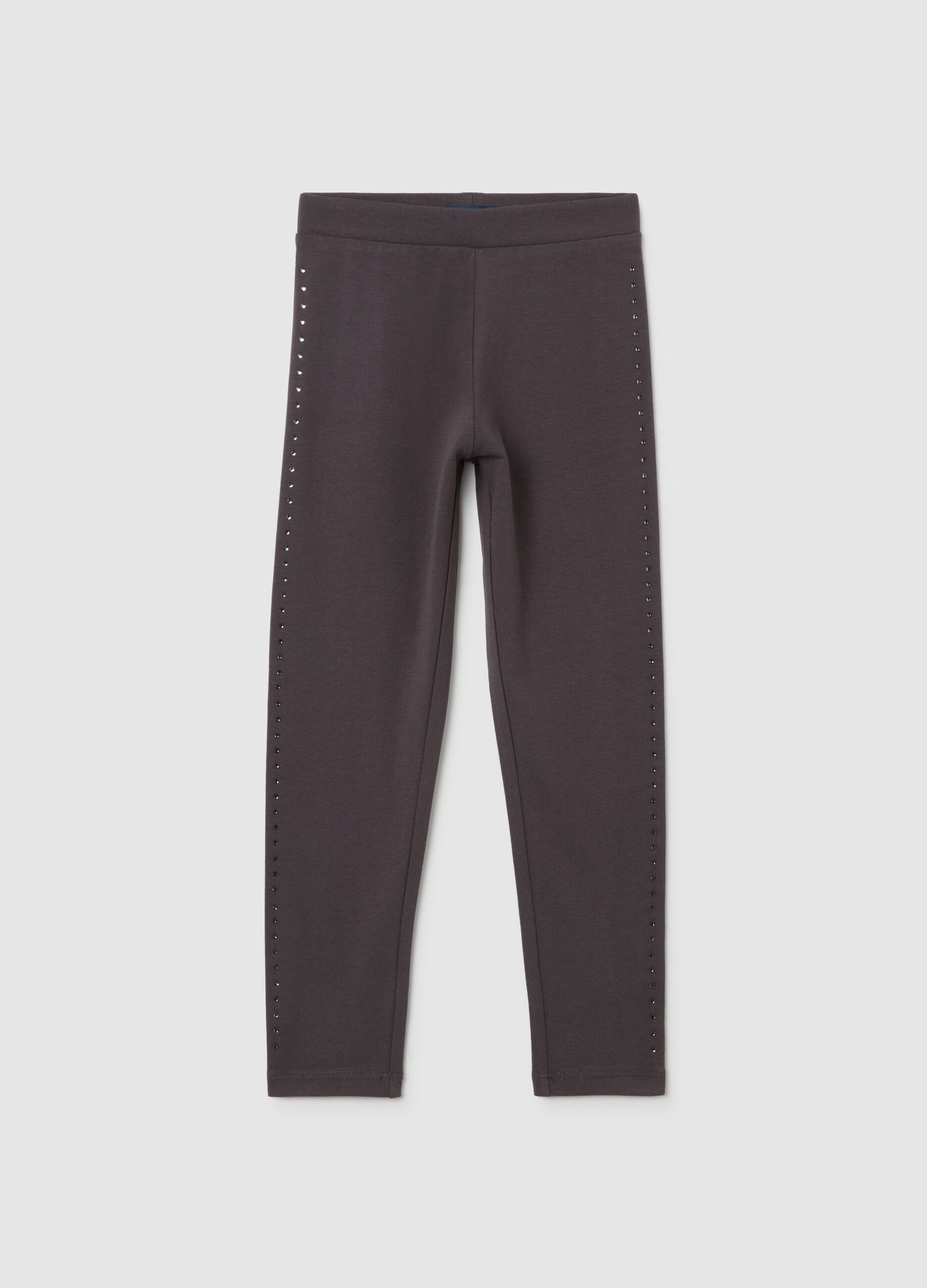 Girls' grey stretch cotton leggings with rhinestones