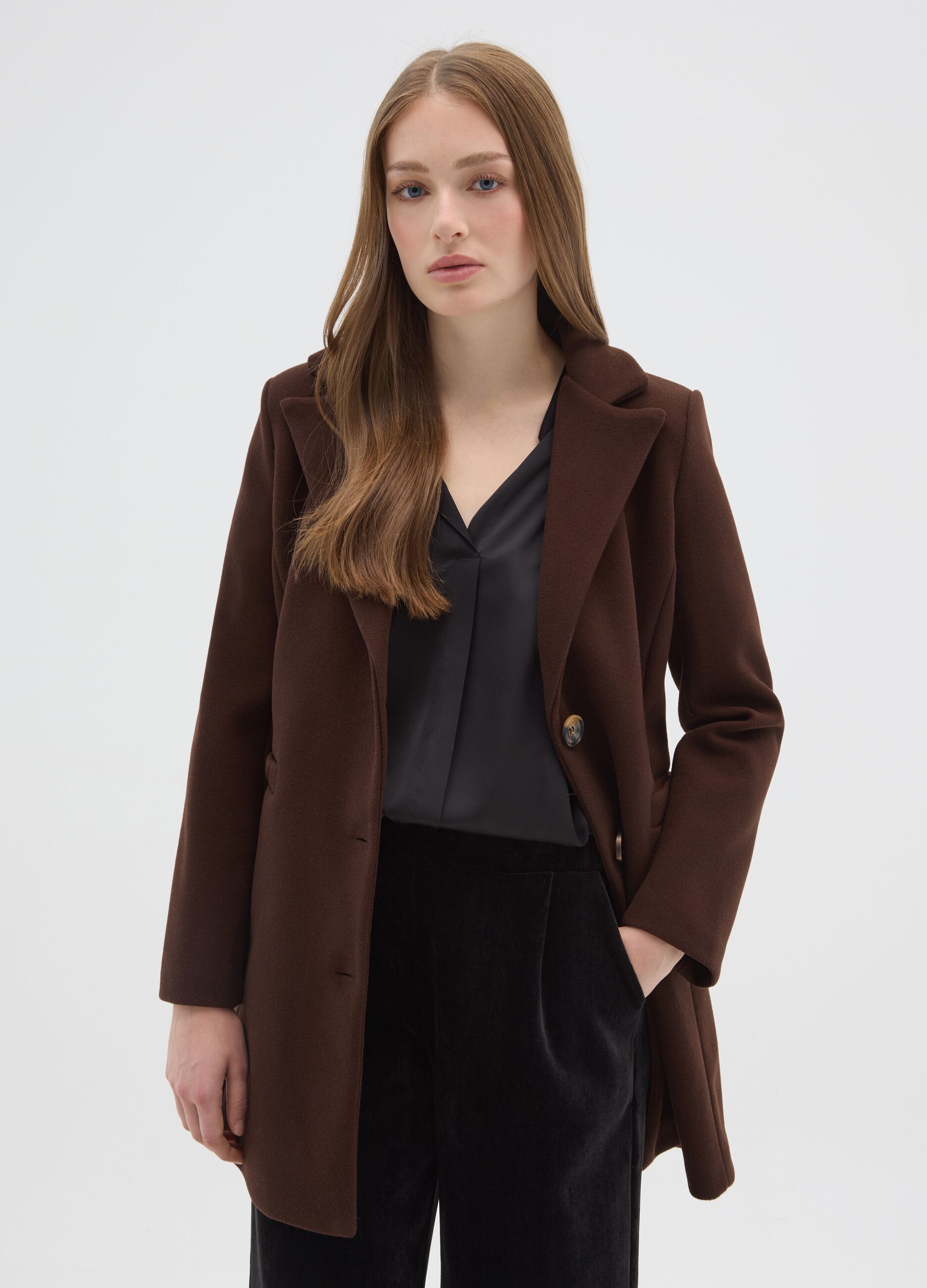 Brown regular fit coat with buttons