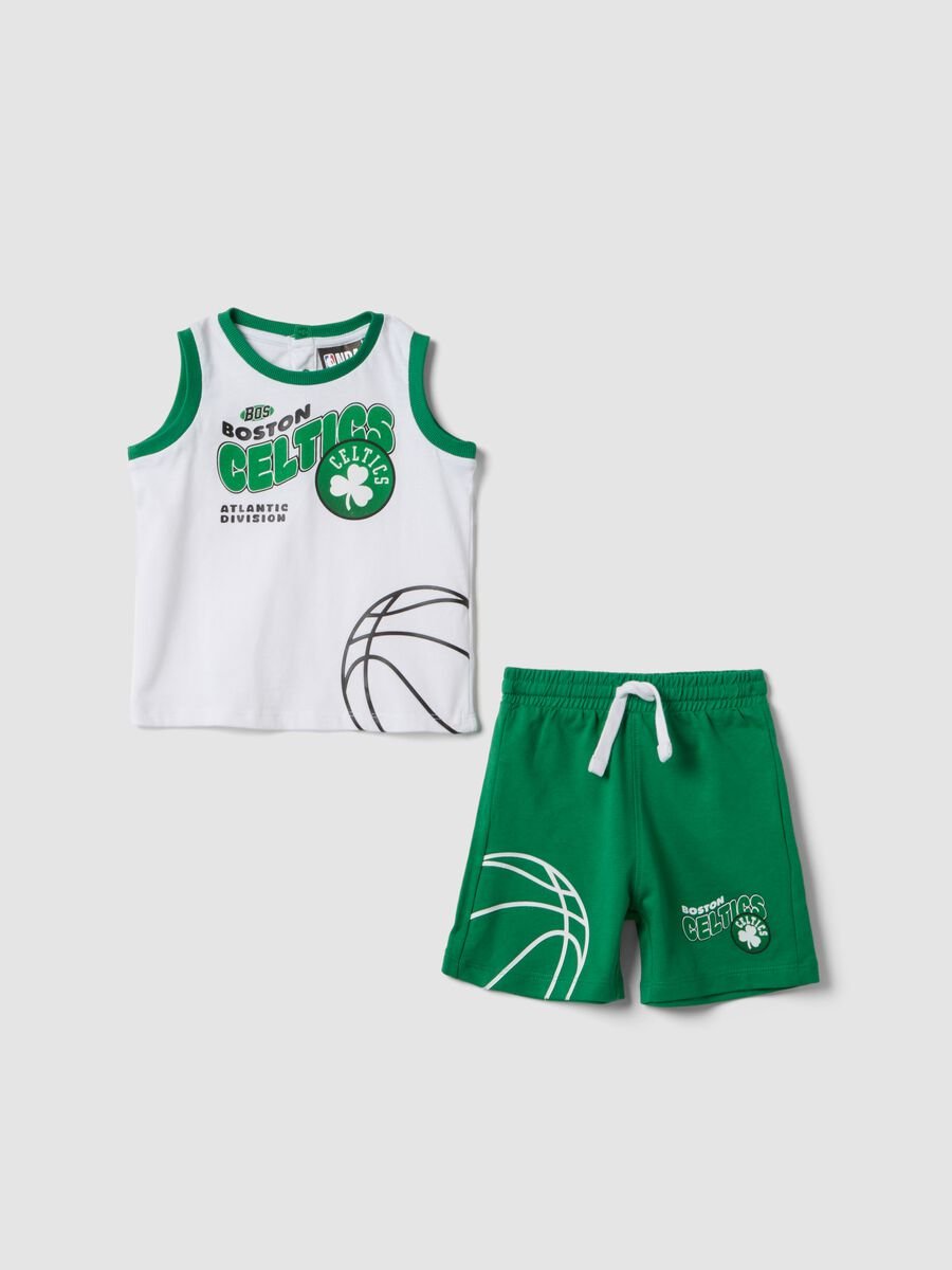White and green pure cotton set with top and shorts for baby boy, regular fit_0