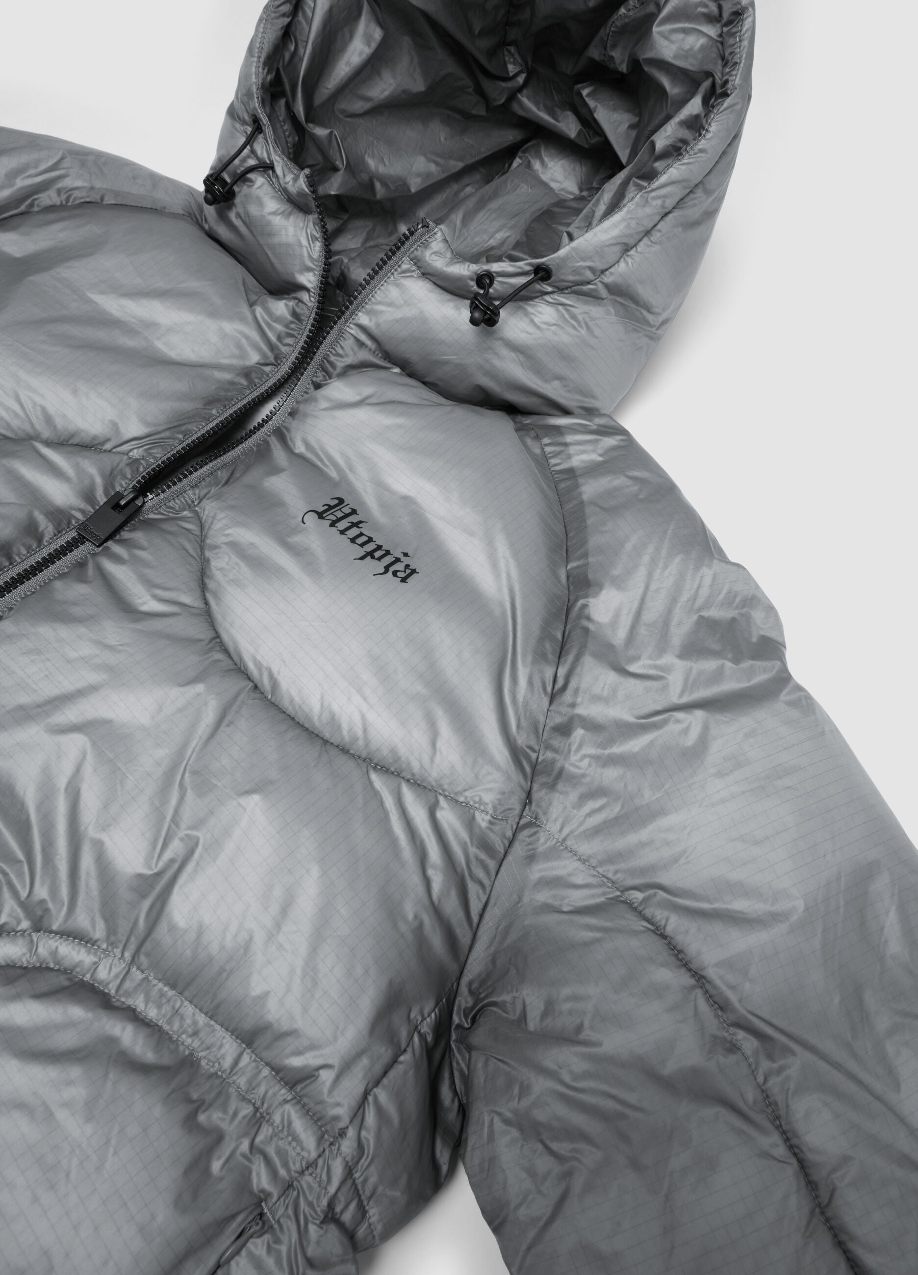 Nylon Ripstop Hooded Puffer Jacket in Grey