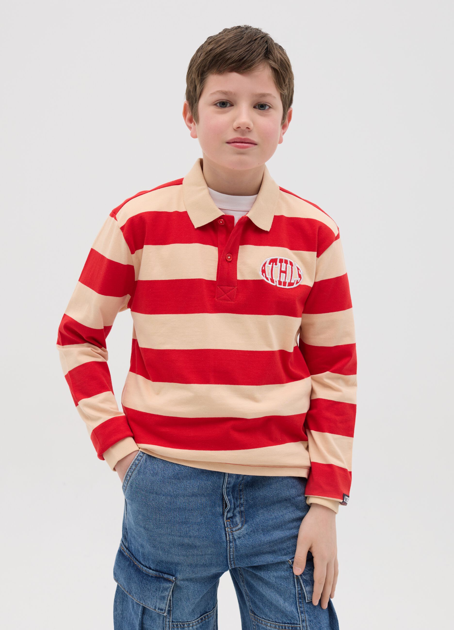 Long-sleeved polo shirt with striped pattern and "ATHLS" embroidery