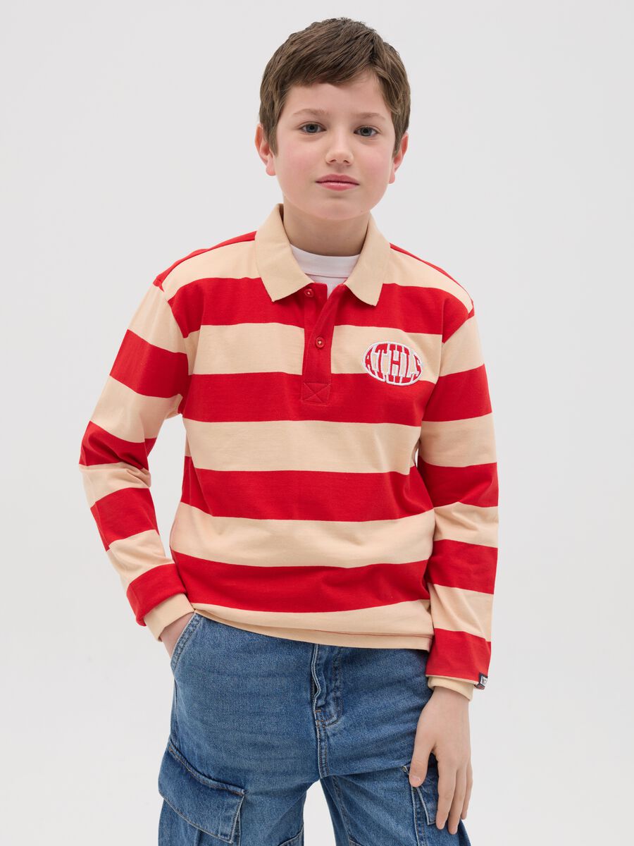 Long-sleeved polo shirt with striped pattern and "ATHLS" embroidery_0