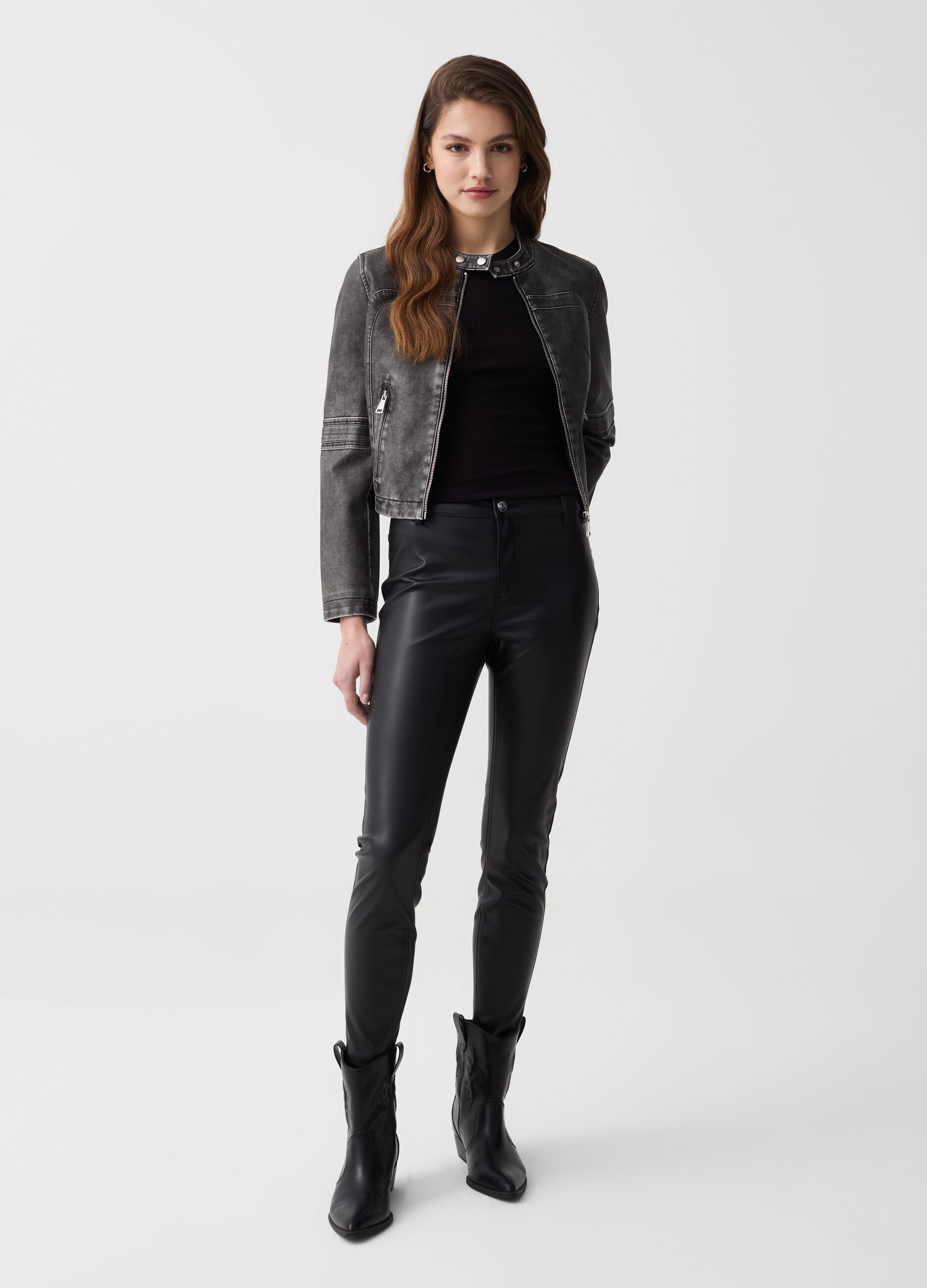 Glossy-effect biker jacket with zip