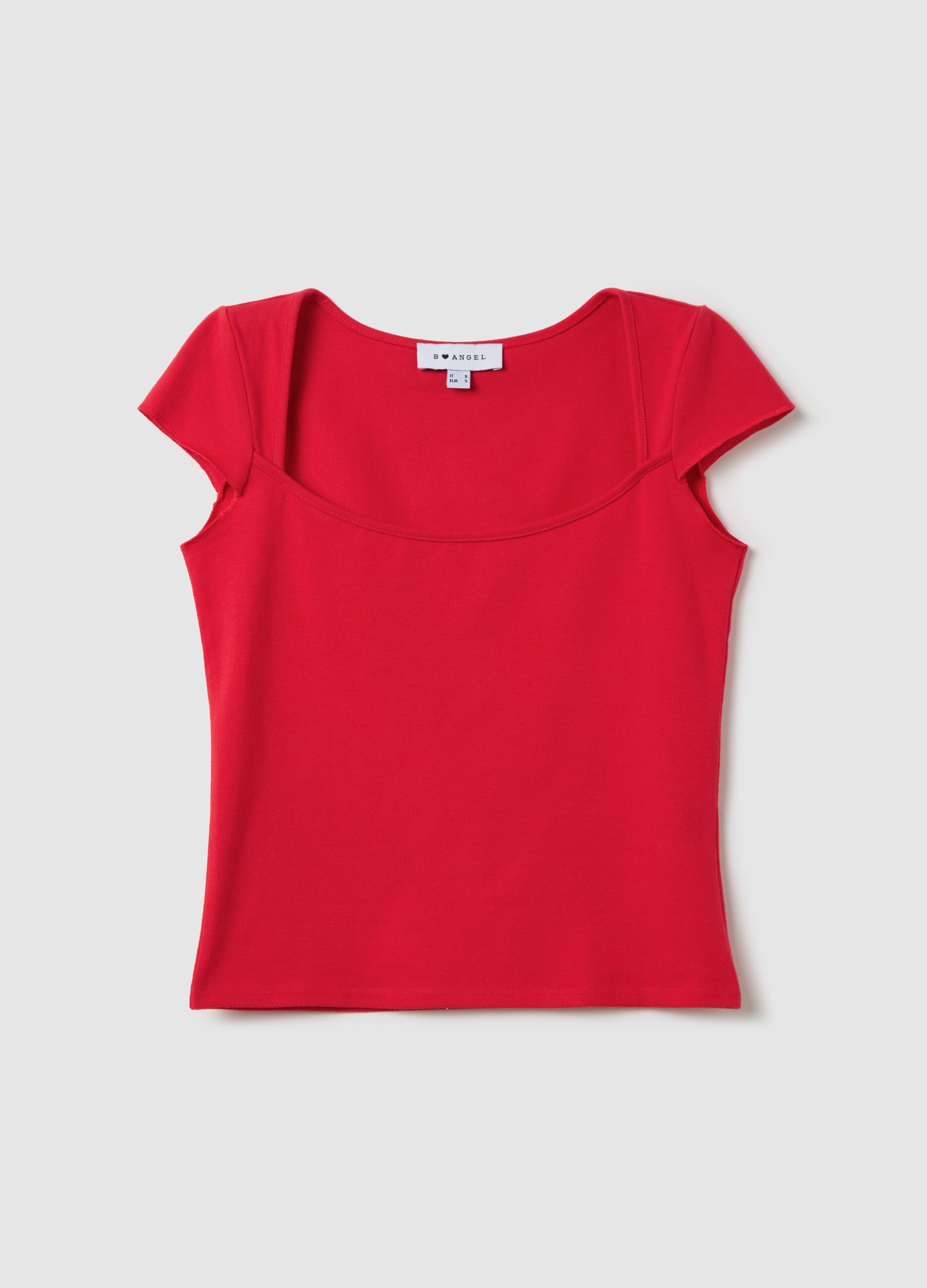 T-shirt da donna in cotone elasticizzato rossa fitted con collo squadrato