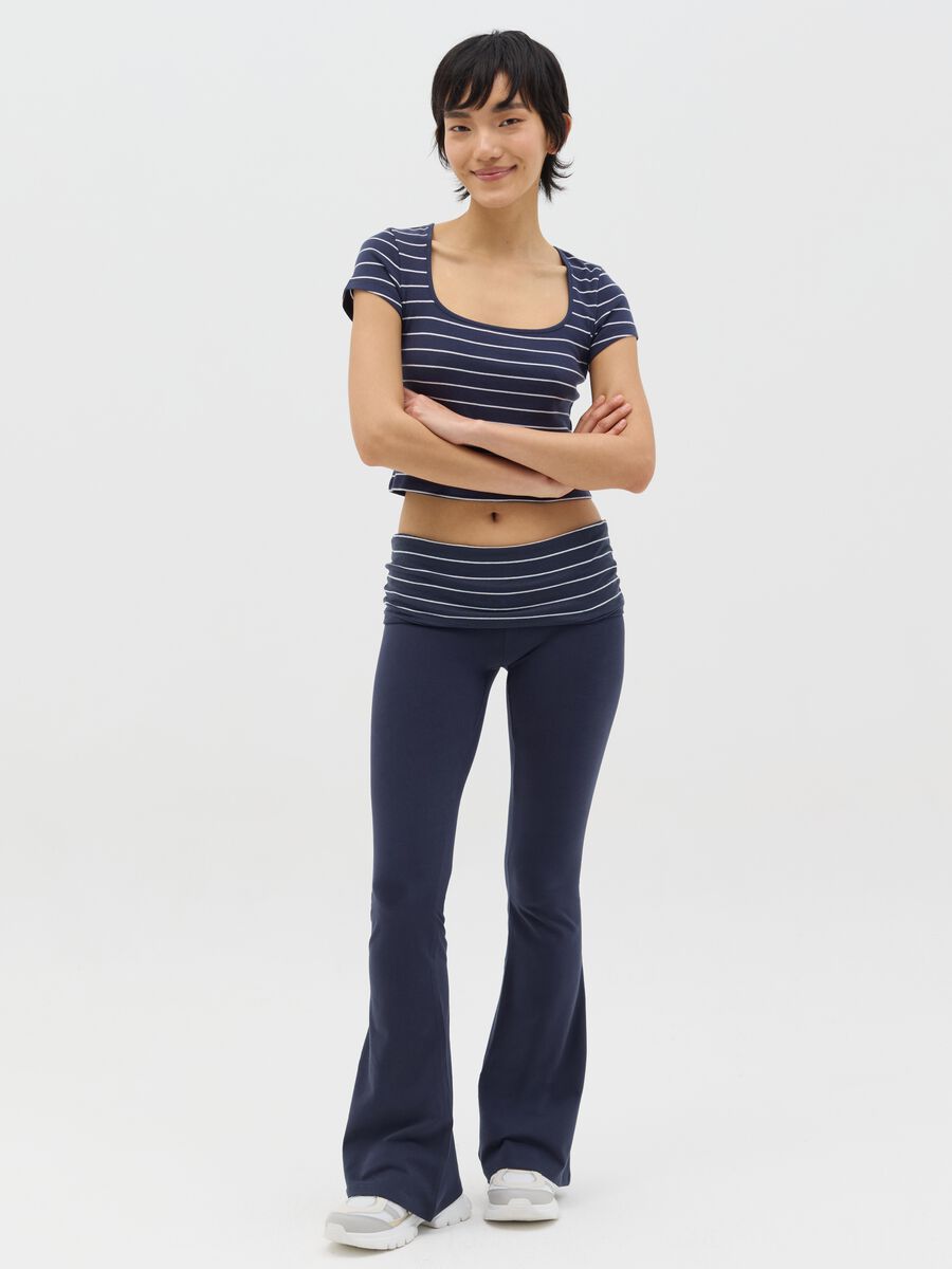 Blue flare-fit leggings with striped fold at the waist_0