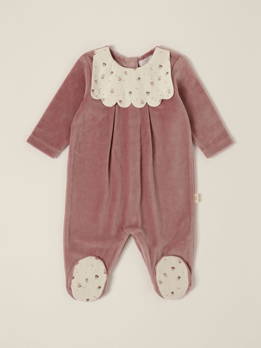 Pink velour romper with floral detail_0