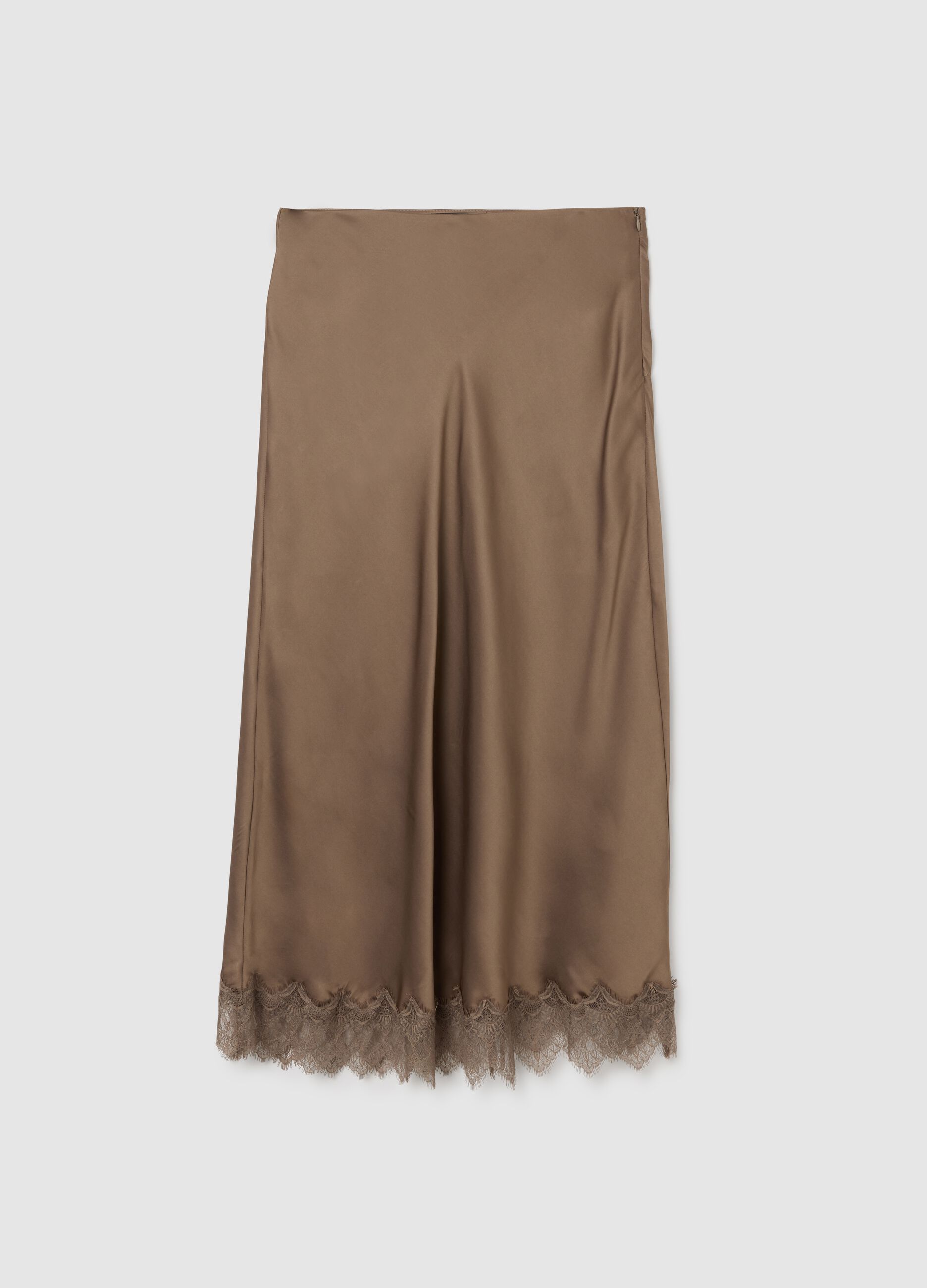 Brown satin skirt with lace and regular fit