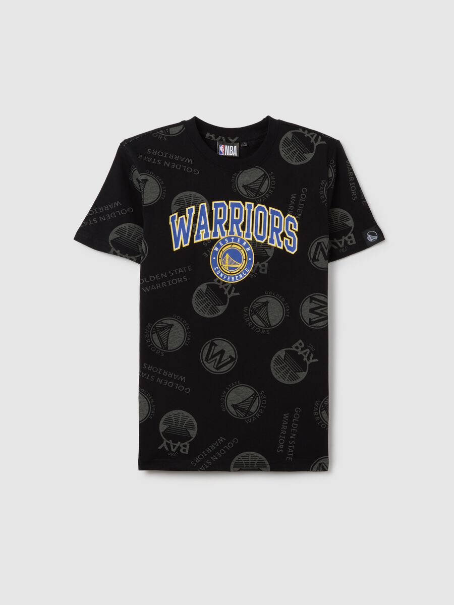 T-shirt da ragazzo in puro cotone nero oversize con stampa Golden State Warriors_0
