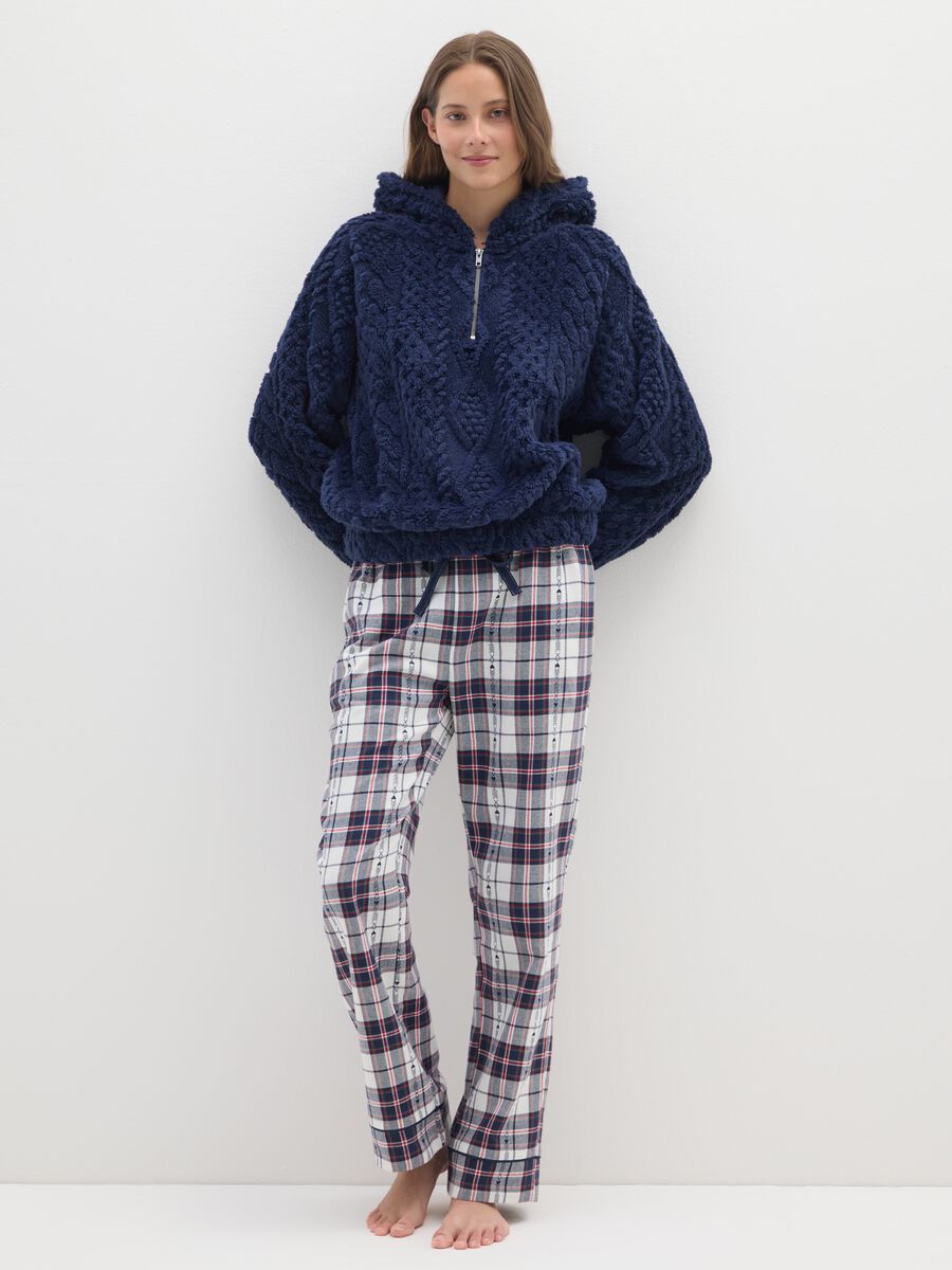 Felpa in sherpa blu con mezza zip e cappuccio regular fit_0