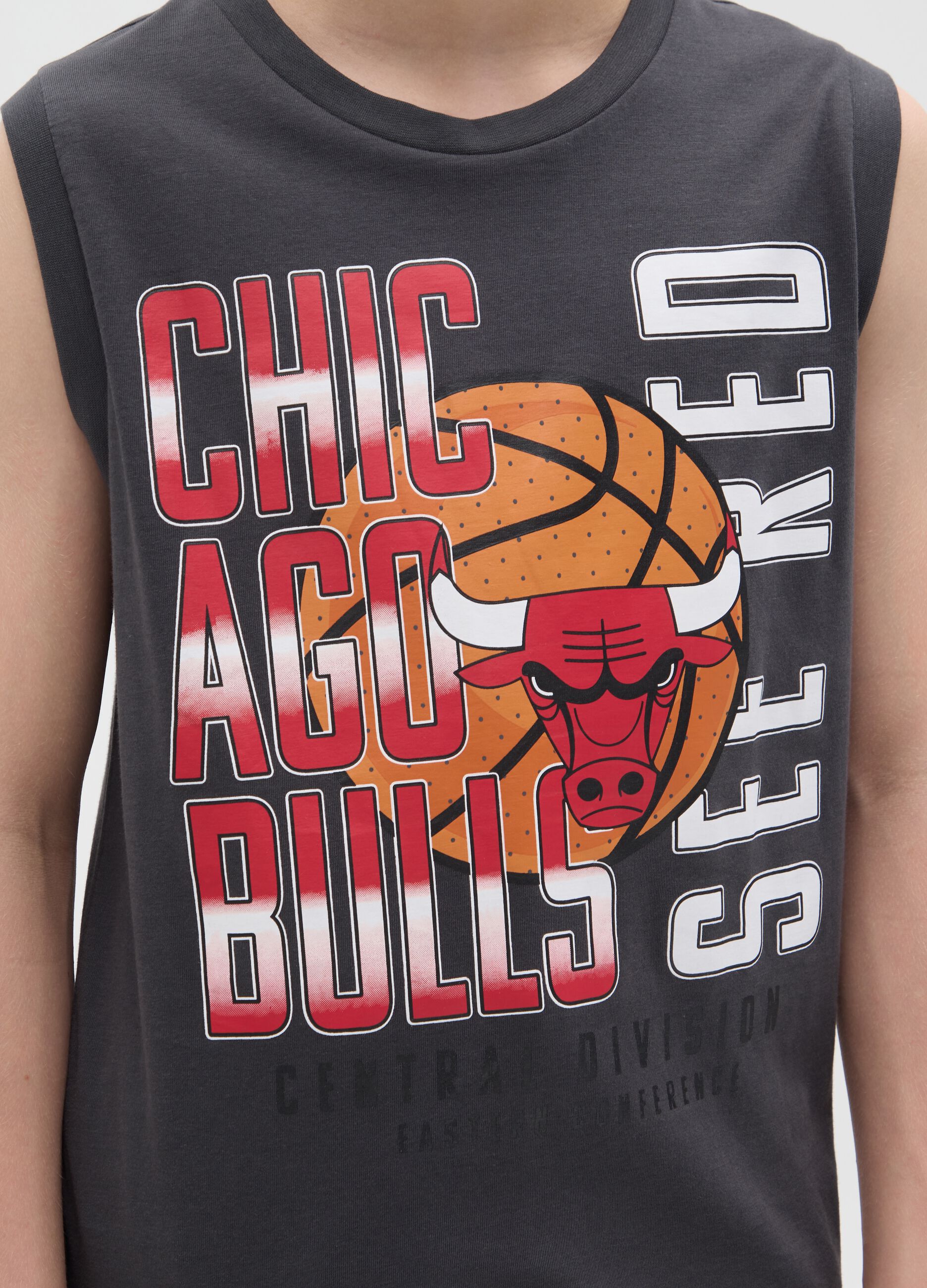 Black sleeveless top with Chicago Bulls print