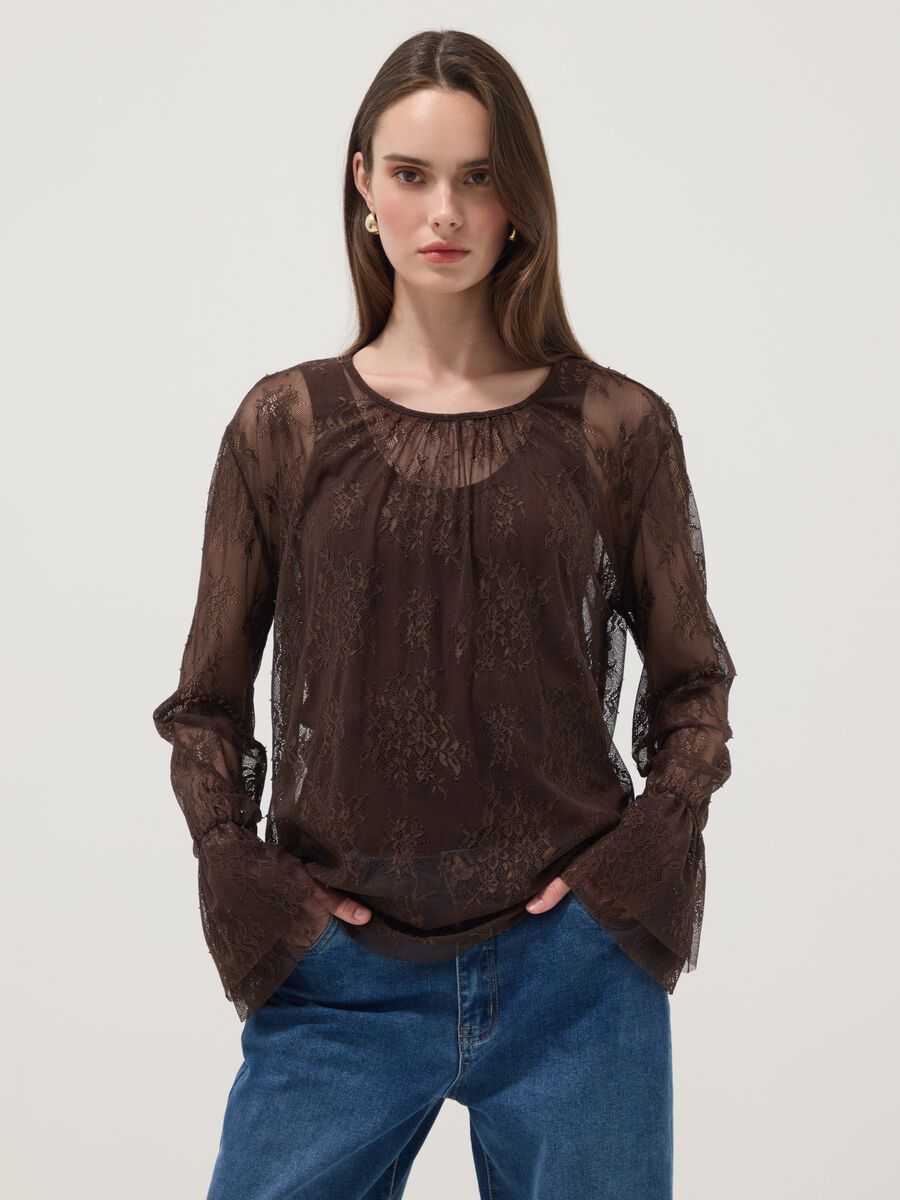Brown stretch lace blouse with regular fit_1